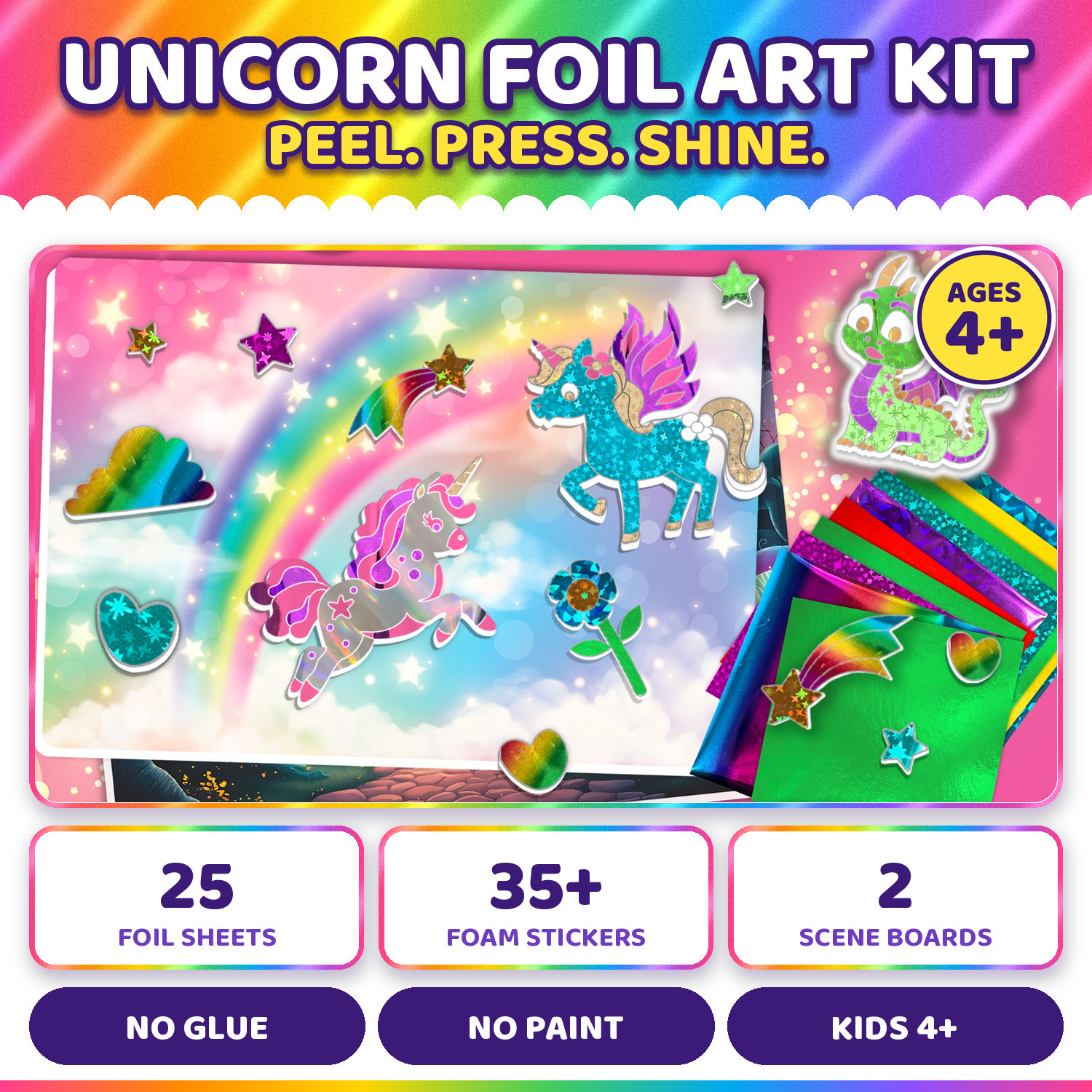 TEMU Unicorn Kit, 2 Scene Boards, 25 Foil Sheets, 35+ Foam Stickers, Peel, Press & Shine, No Glue Or Paint, Craft Kit For Birthday & Christmas, Kids