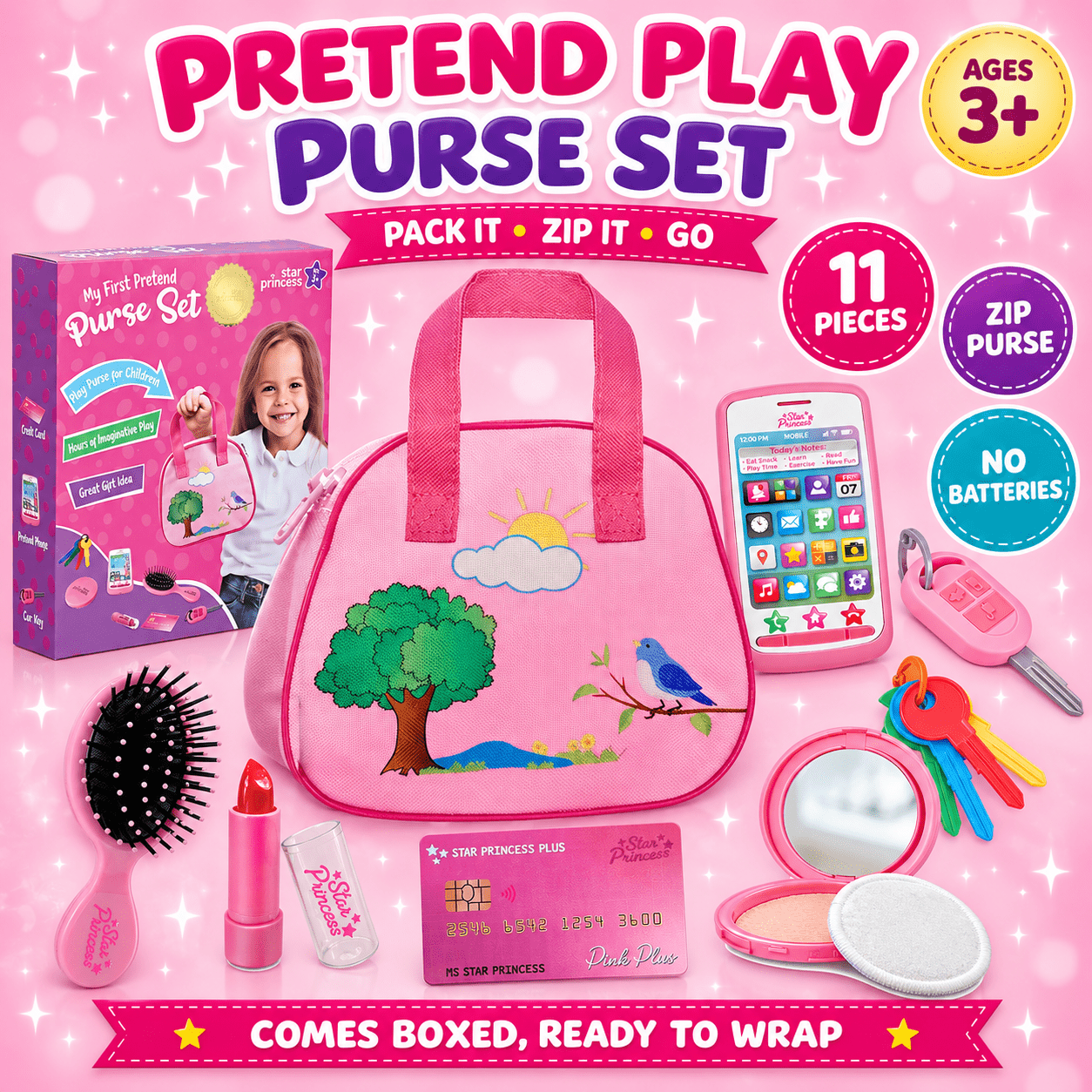 TEMU Pretend Play Purse Set, 11 Pieces With Play Phone, Car Key, Keys, Lipstick, Compact & Hairbrush, Zip Purse, No Batteries, Christmas & Birthday,