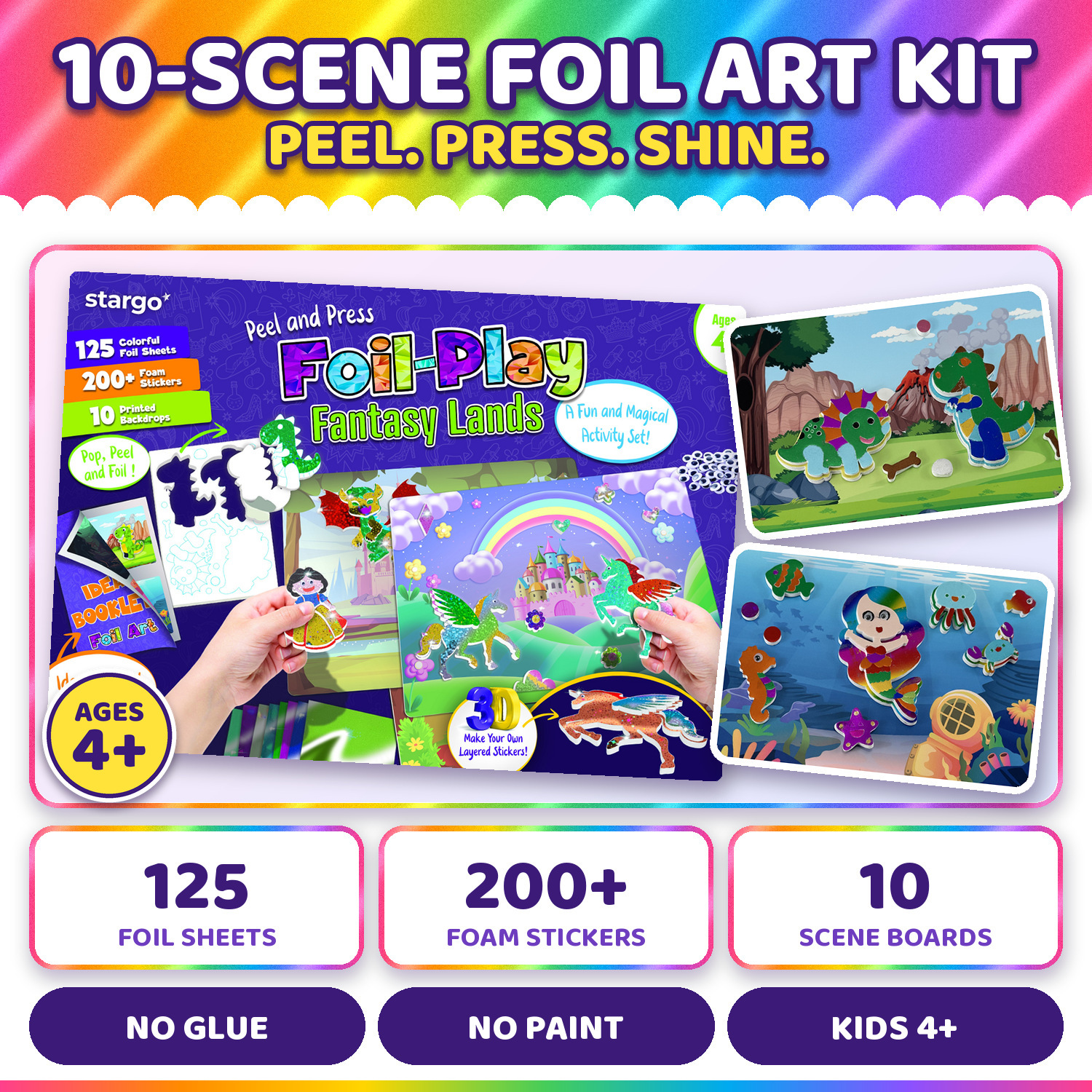 TEMU Kit, 10- With 125 Foil Sheets & 200+ Foam Stickers - With 25 Foil Sheets & 35+ Stickers, Peel, Press & Shine, No Glue, Kids 4+