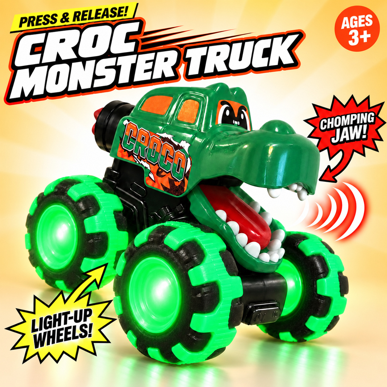 TEMU Monster Truck Toy With Light Up Led Wheels, Chomping Jaw, Press & Release Friction Car, Christmas Halloween Gift For +