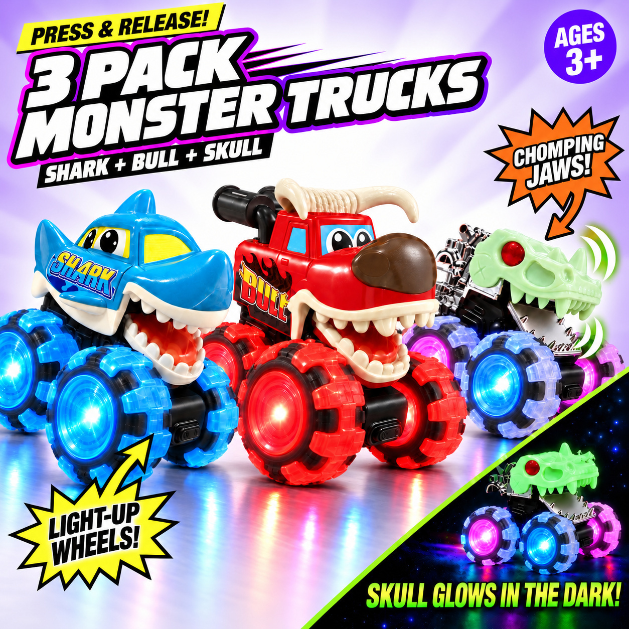 TEMU 3 Pack Monster Truck Toys Shark, Bull, Glow In The Dark , Led Wheels, Chomping Jaw, Press & Release Cars, Christmas Gift +