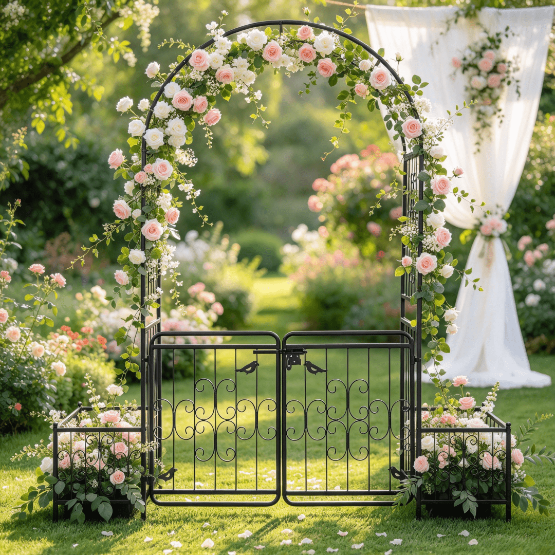 TEMU 198.5x50x219cm Courtyard Arc Top With Door With Planting Frame Iron Art Iron Arch Black