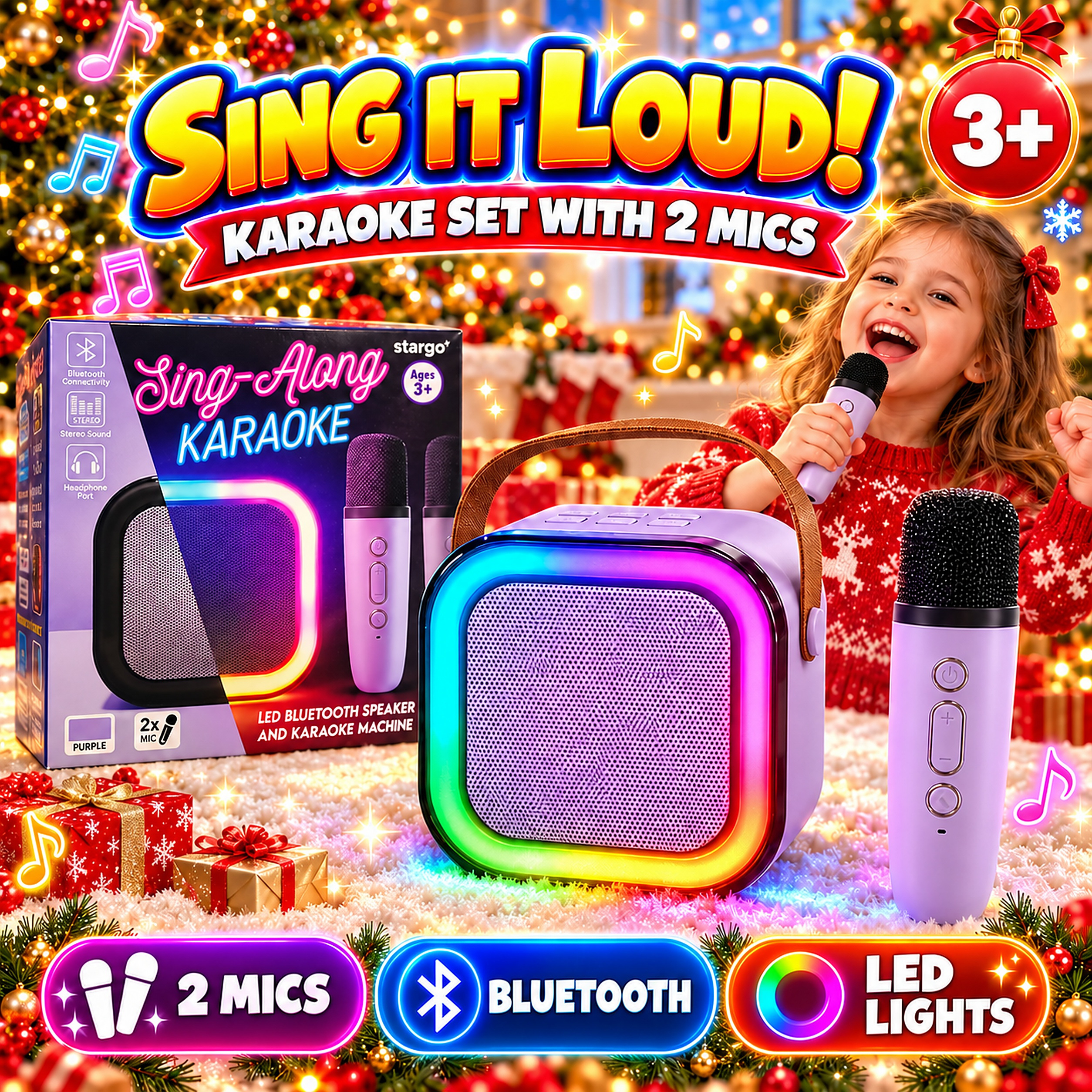 TEMU Christmas Gift Kids Karaoke Machine With 2 Wireless Mics, Mini Bluetooth Speaker With Rainbow Led Lights, 4 Voice Changer Effects, Rechargeable