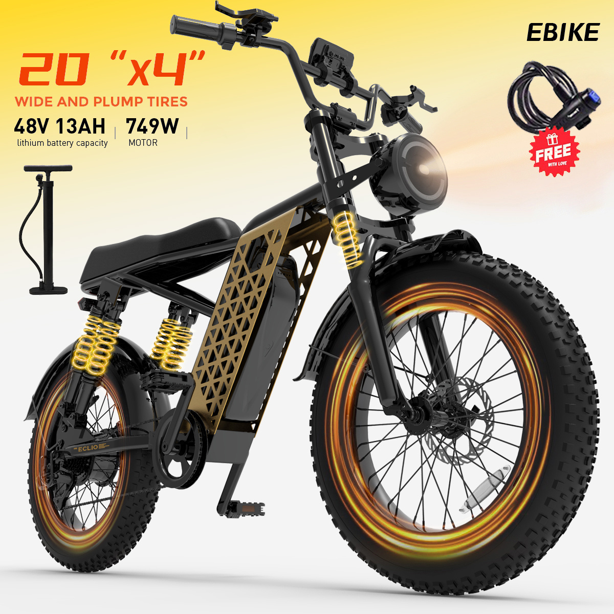 TEMU 20×4'' Fat Tires & Lcd Display, 749w Ebike 20mph With 48v 13ah Removable Battery，eclio F02 Electric Bike For Adults, Front Headlight & Disc