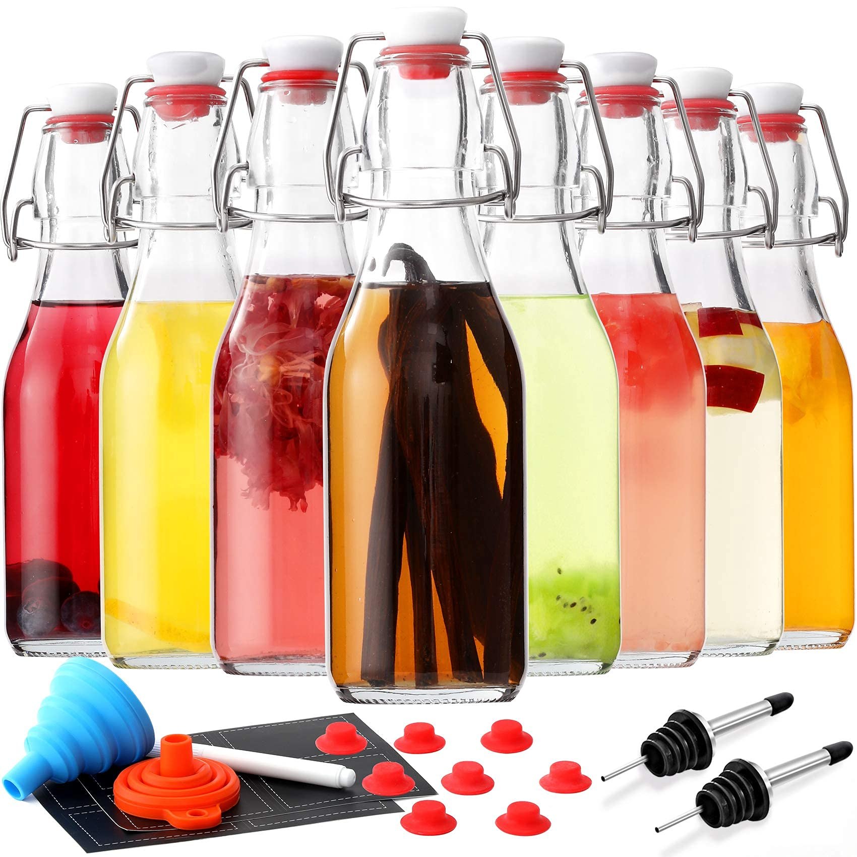 TEMU 8 Pack 8.5oz Swing Top Glass Bottles, Brewing Fermentation Bottles, With 2 Pourers, Airtight For Vanilla Extract, Kombucha, Soda, Carbonated