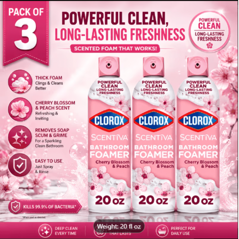 TEMU Clorox Bathroom Foamer, Cherry And Peach Scent, Bathroom Cleaner Spray, 20 Oz, Pack Of 3