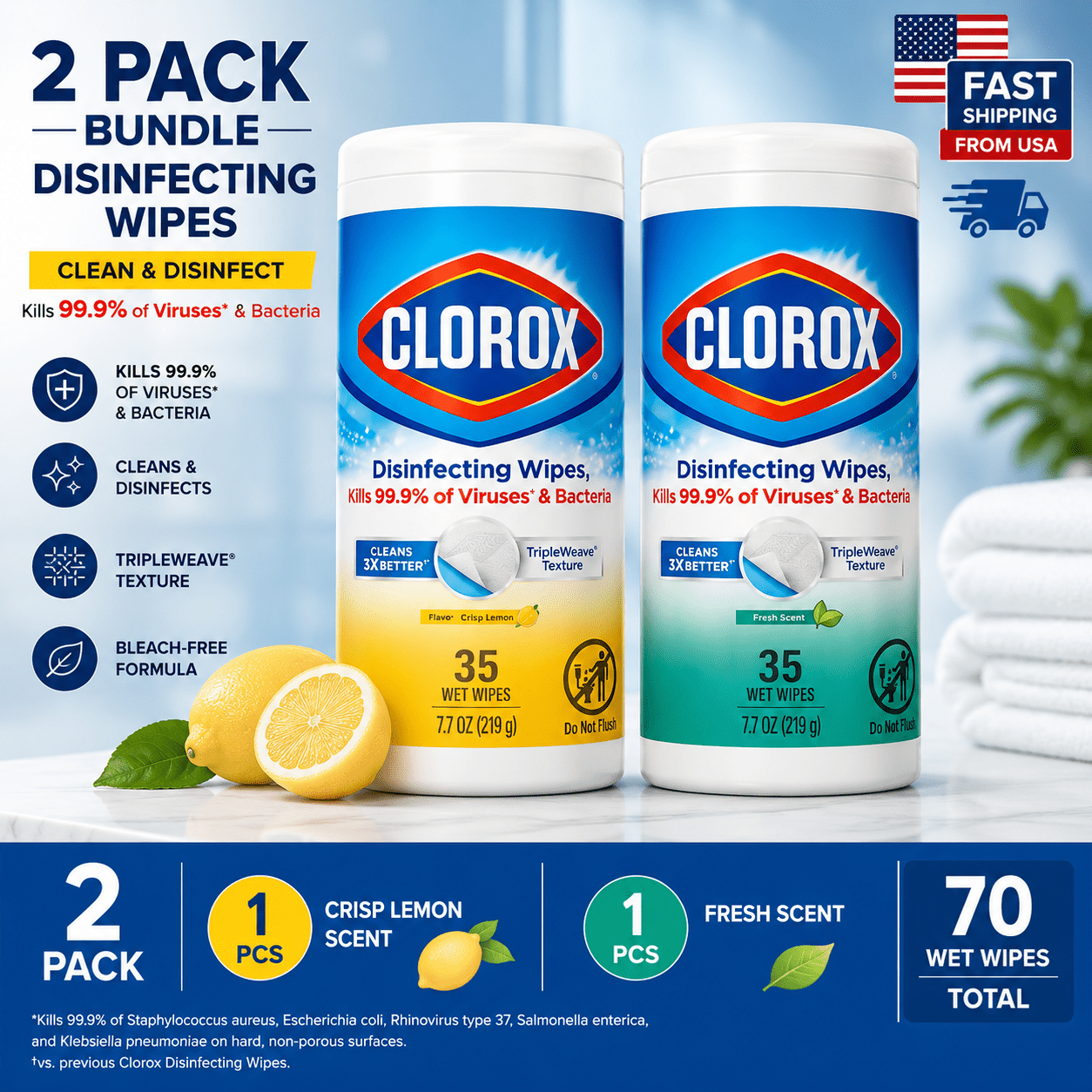 TEMU Clorox Wipes Bundle, 2 Pack (70 Wet Wipes), Lemon & , Bleach-free Formula