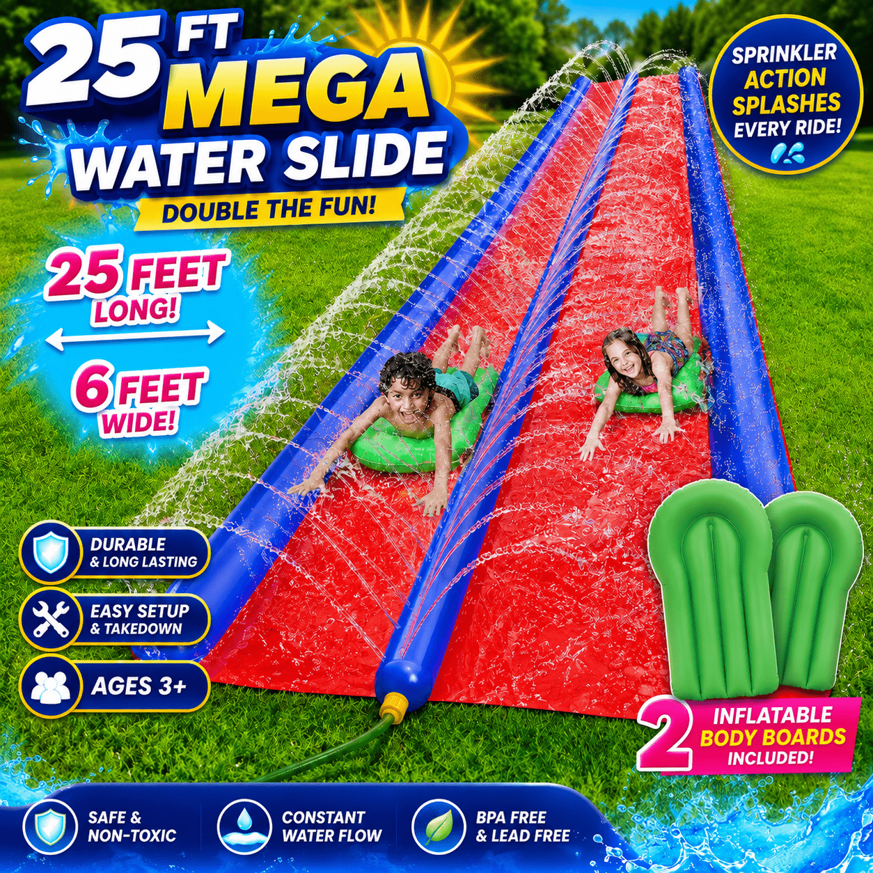 Double Lawn Water Slide With Sprinkler – 25ft Outdoor Slide With 2 Inflatable Sliding Body Boards, Wet Summer Fun For +