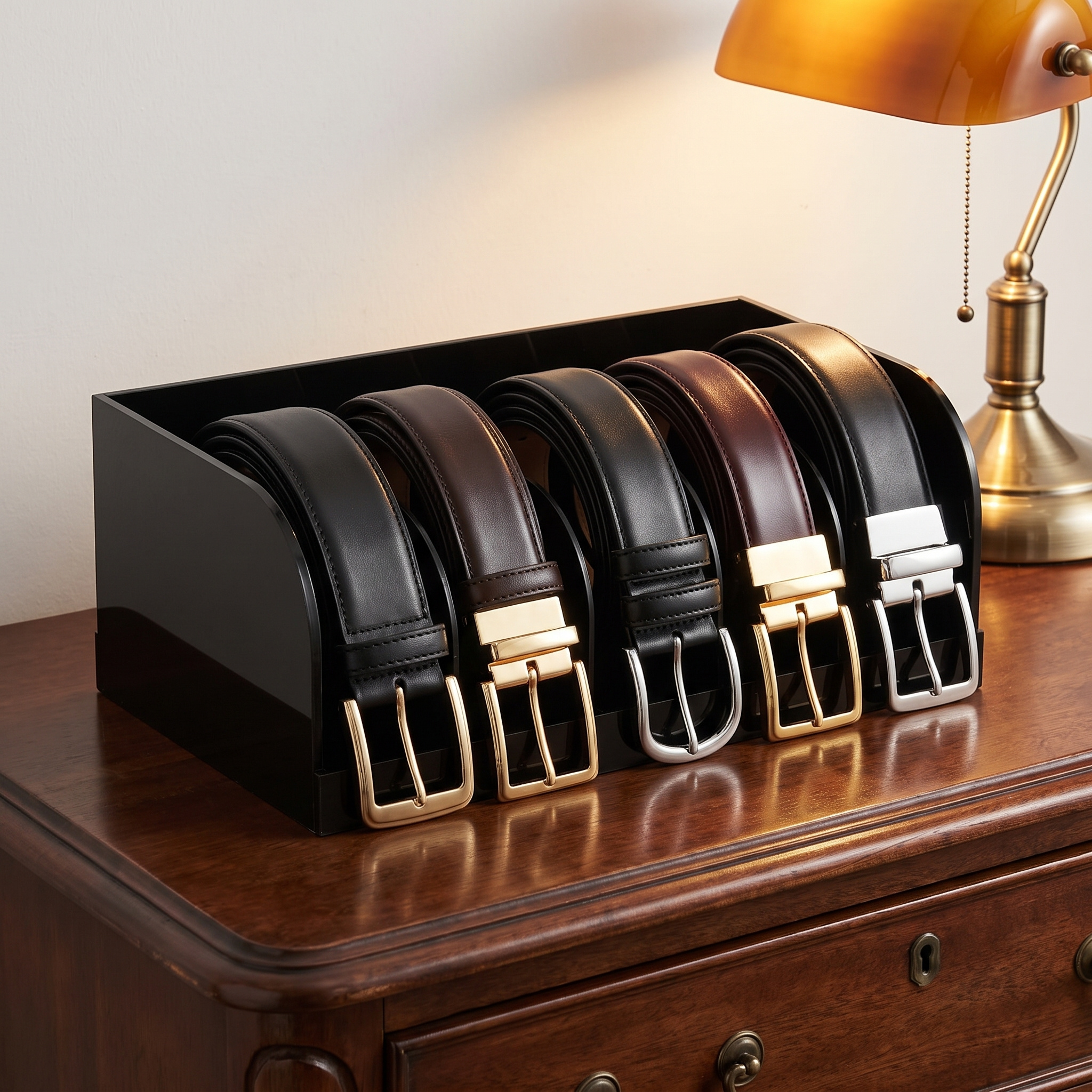 TEMU Black Multi Slot Belt Storage Organizer Tray, 5 Slots Leather Belt Display Holder, Closet Drawer Container For Men Women Belts Scarves Ties,