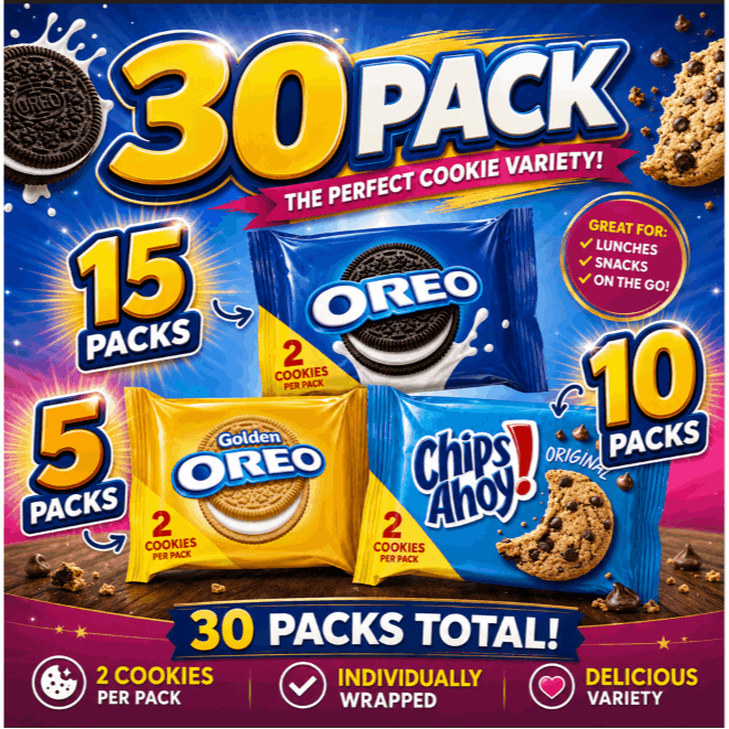 TEMU 30 Pack Cookie Variety Pack – 15 , 10 Chips Ahoy!, 5 Golden , Individually Wrapped Snack Packs