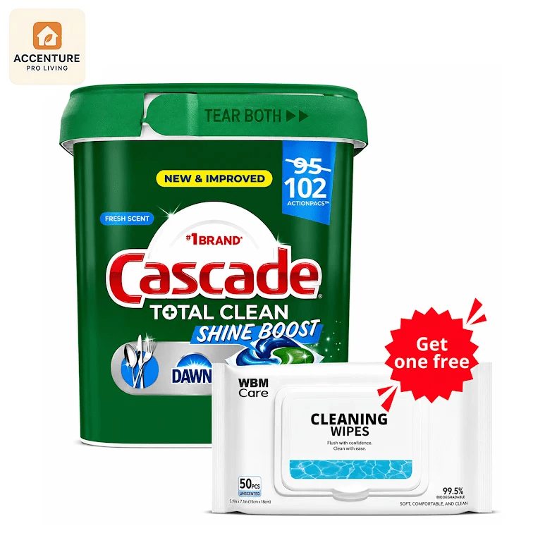 TEMU 82102 Count Cascade Dishwasher Detergent  Shine Boost Action With 1 Cleaning Wipes