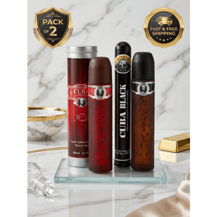 Fragluxe CUBA Black & Cuba Red Eau De Toilette Spray 1.15 Oz & 3.4 Oz for Men - Pack of 2