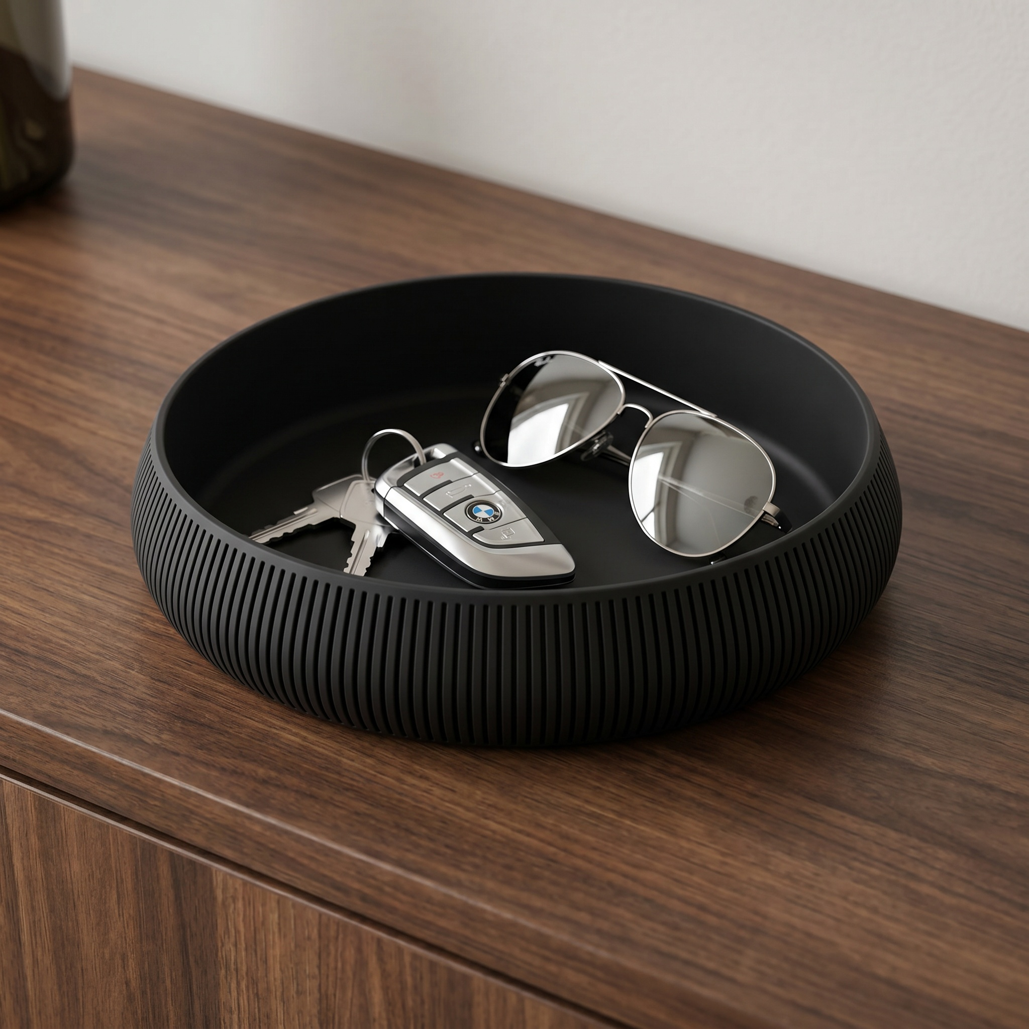 TEMU Black Round Ribbed Desktop Storage Tray, Decorative Organizer Plate, Matte Black Shallow Tray For Entryway Keys Sunglasses Jewelry Cosmetics,