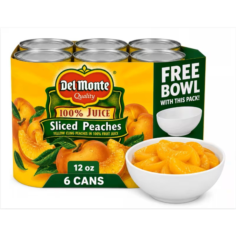 TEMU Yellow Cling Sliced Peaches, Juicy Canned Fruit, Ready-to-eat Sweet Peach Slices, 12 Oz Cans, 6 Pack