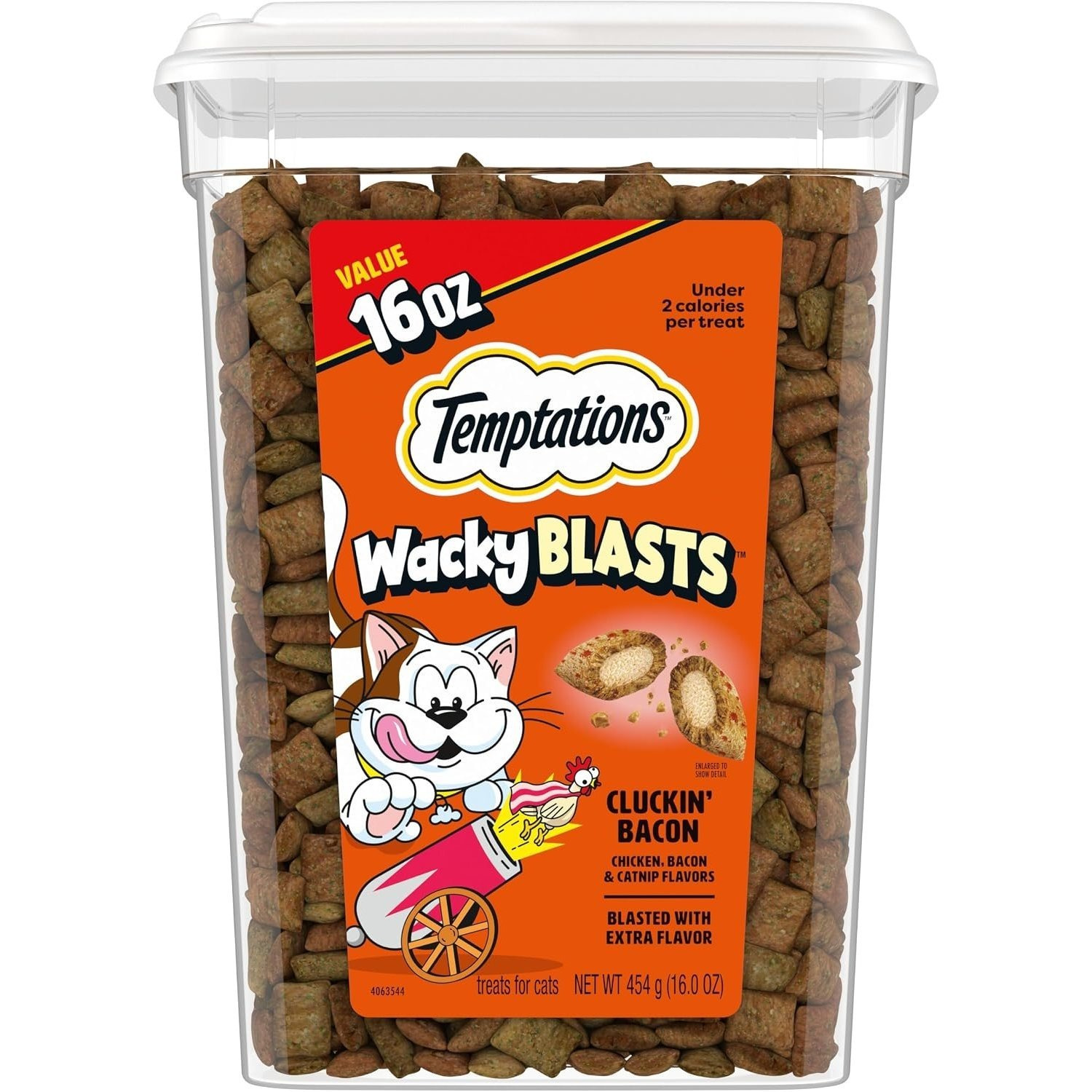 Temptations Wacky Cat Treats, Cluckin' Bacon Flavor, 16 Oz | Chicken, Bacon & Catnip Flavor Bits, Resealable Tub.
