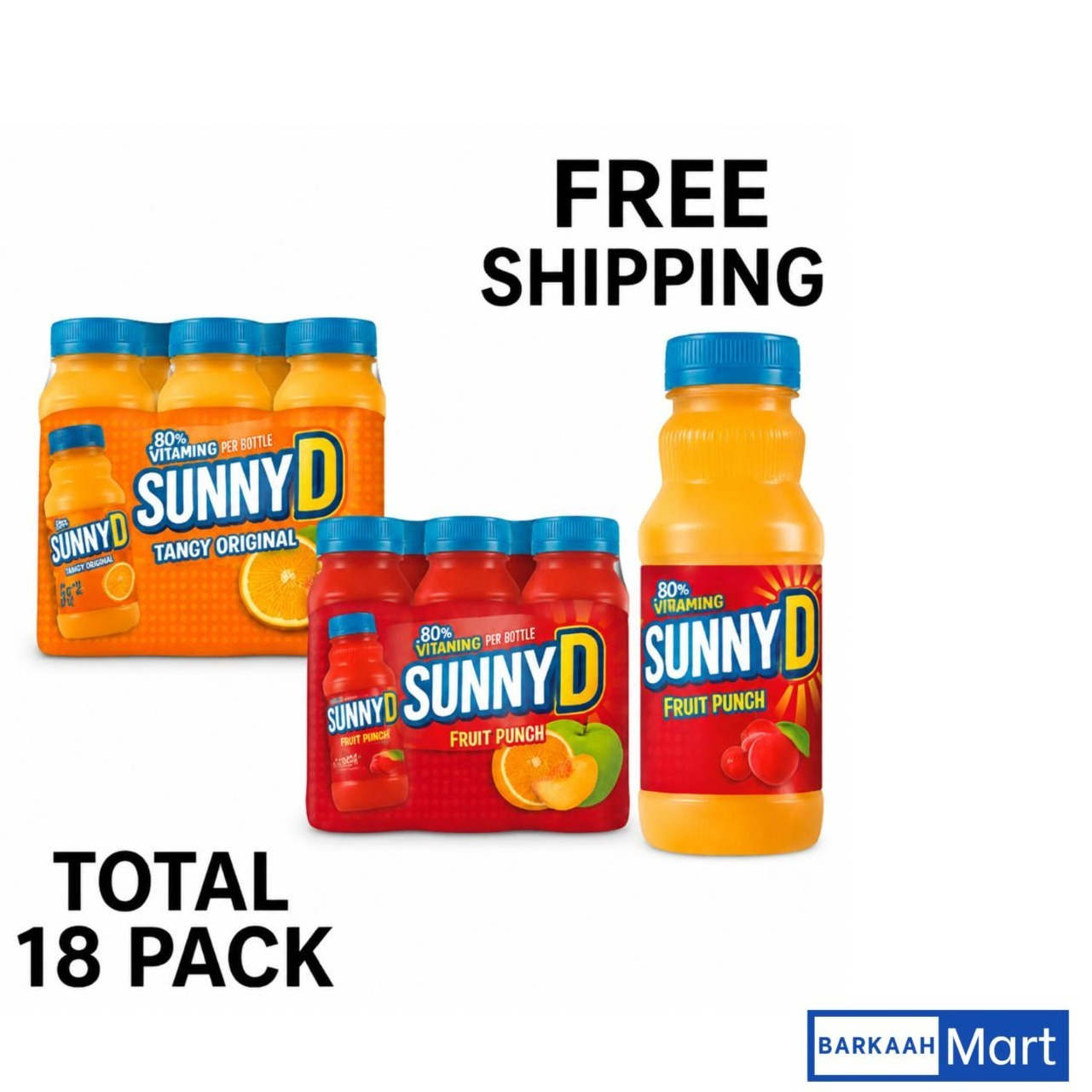 TEMU Sunnyd Variety Pack – Tangy Original & Fruit Punch Juice (6.75 Fl Oz Bottles, 9 Of Each Flavor, Total 18 Pack) – 80% Daily Vitamin C, Free