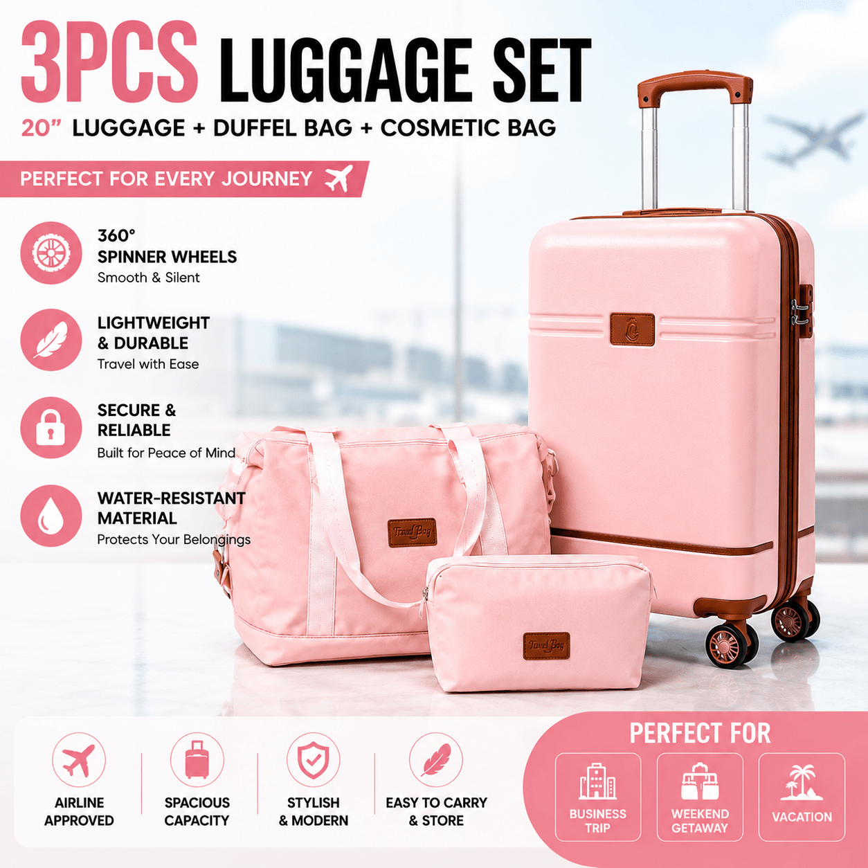 TEMU 20 Inch Carry On Luggage Set – 3-piece Spinner Suitcase, Duffel Bag & Toiletry Bag With , Lightweight Hardshell Abs, Expandable Weekender Travel