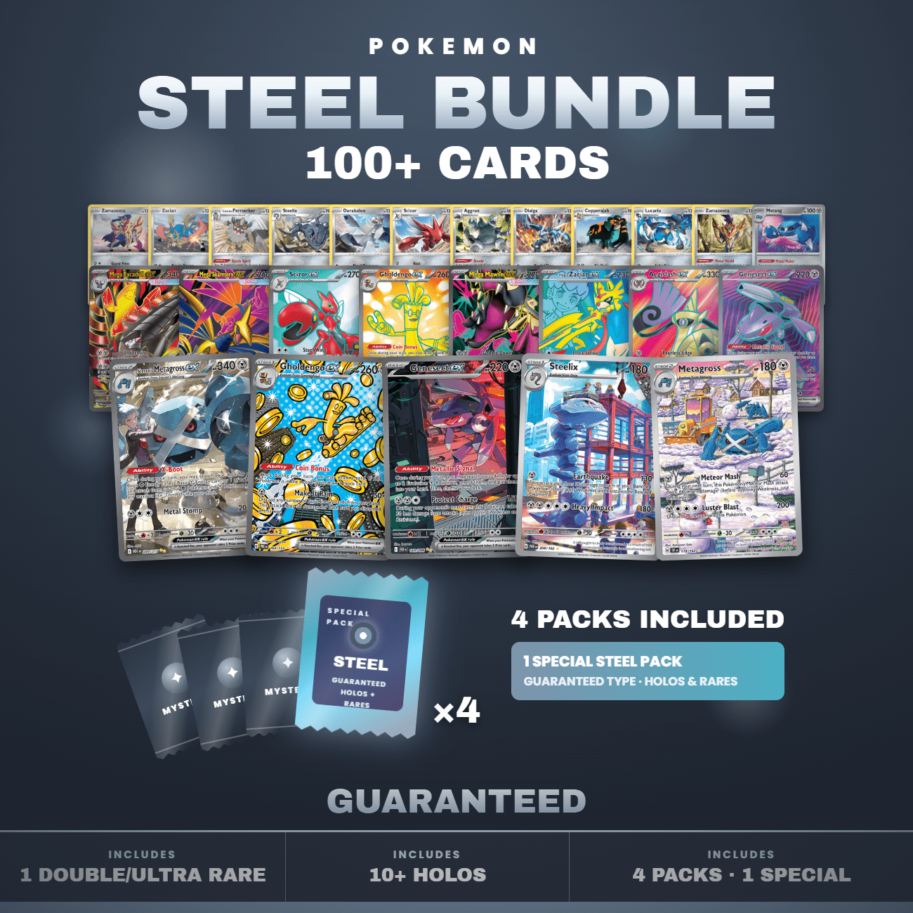 Steel Bundle | 100+ Authentic Tcg Cards | Ultra Rare | 10 | 4 Holographic Bags