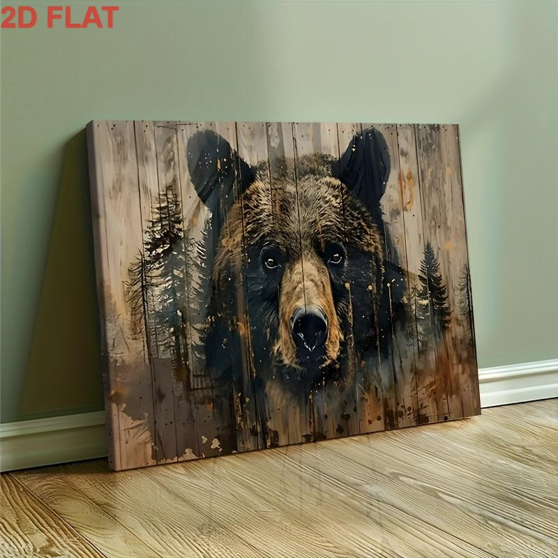 TEMU 2d Flat 1pc Rustic Wooden Texture Brown Bear Canvas Wall Art, Gallery Wrapped Canvas On Wood Frame, Tree Animal Decor For Living Room Bedroom