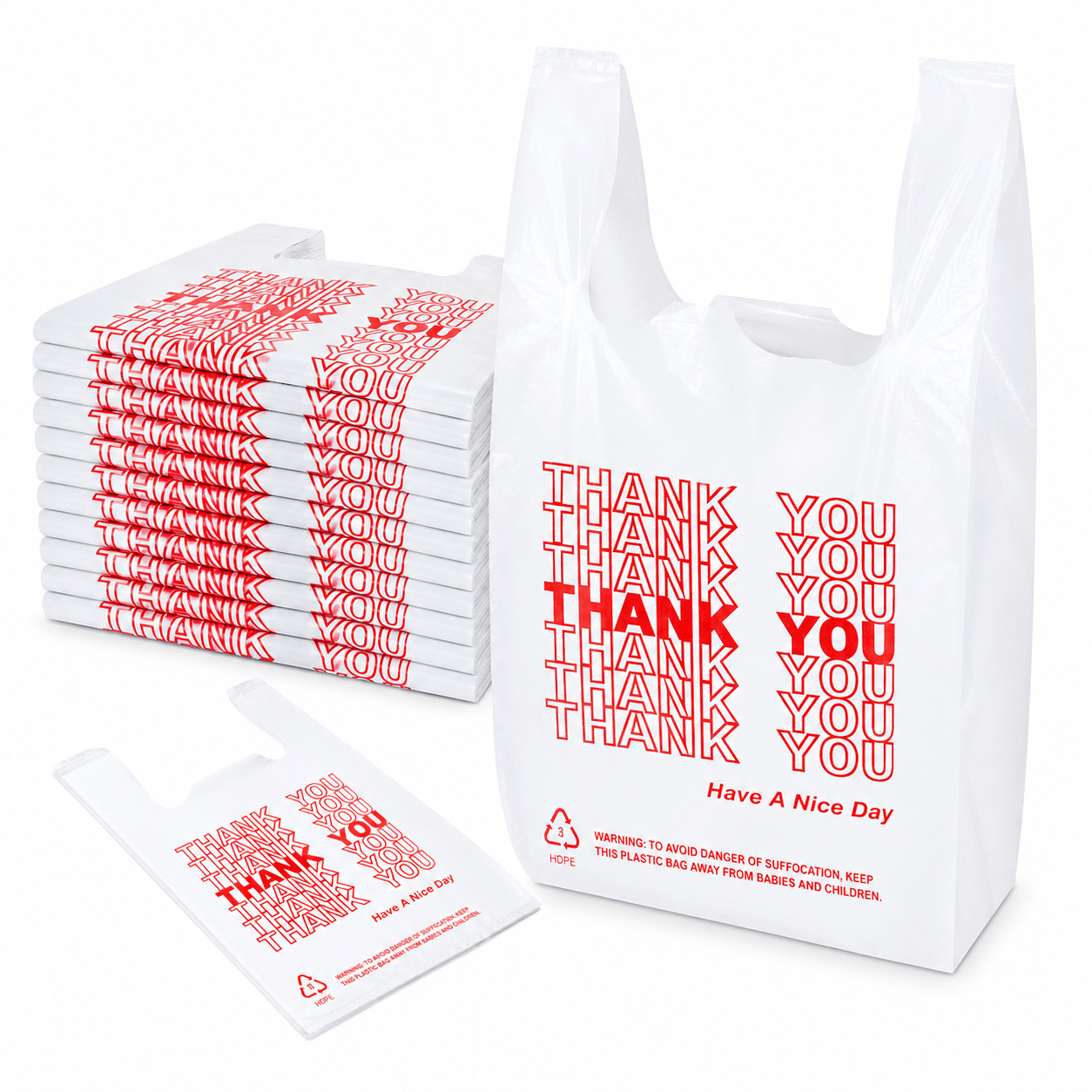 TEMU 2000 Count Heavy Duty Thank You T-shirt Bags, 8 X 5 X 16 Inch White Plastic Shopping Bags With Handles, Red Printed Retail Bags For Grocery