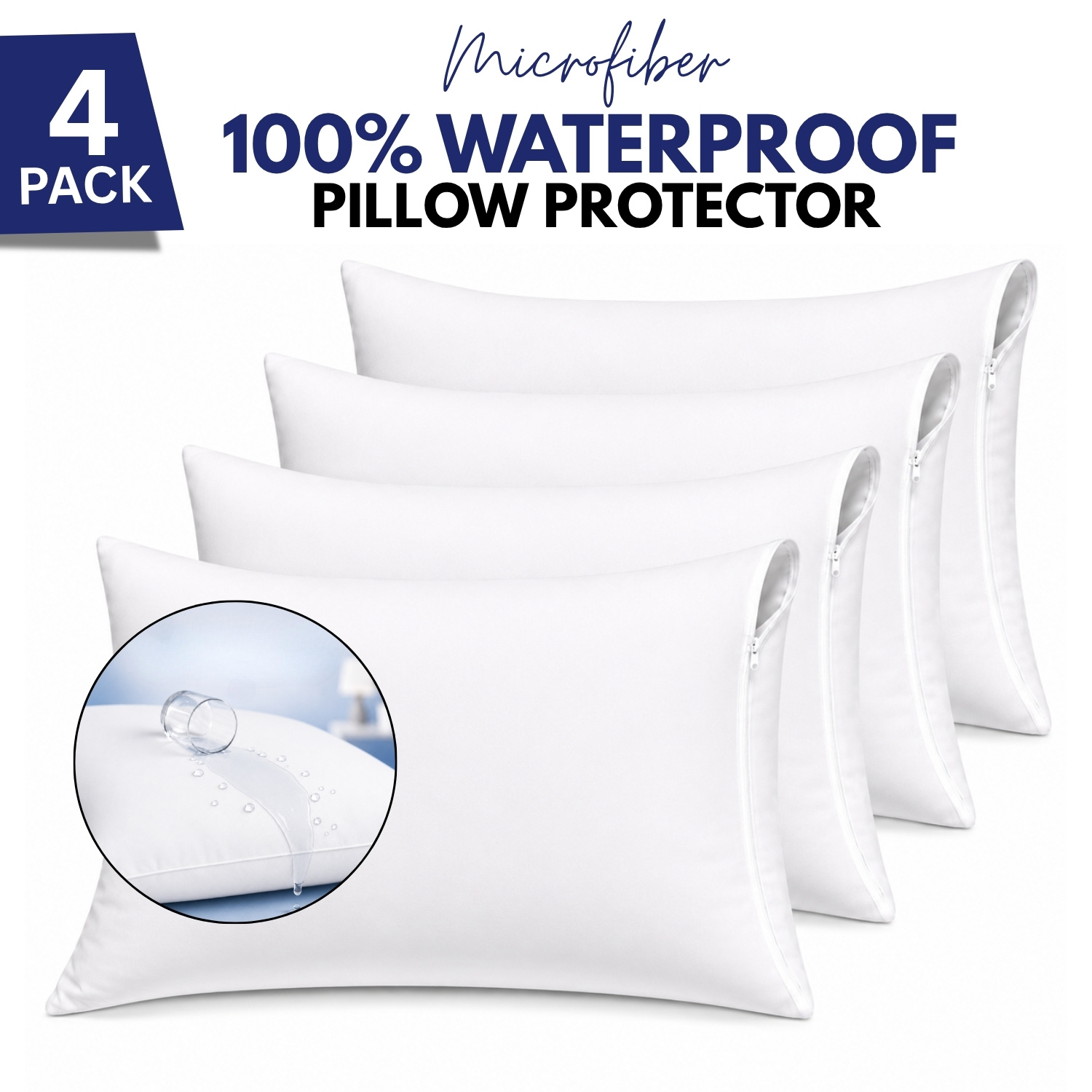 TEMU 4 Pack Zipper Waterproof Pillow Protectors, High Quality Ultra Soft Breathable Pillow Covers, Machine Washable, Solid Color Bedding Protectors