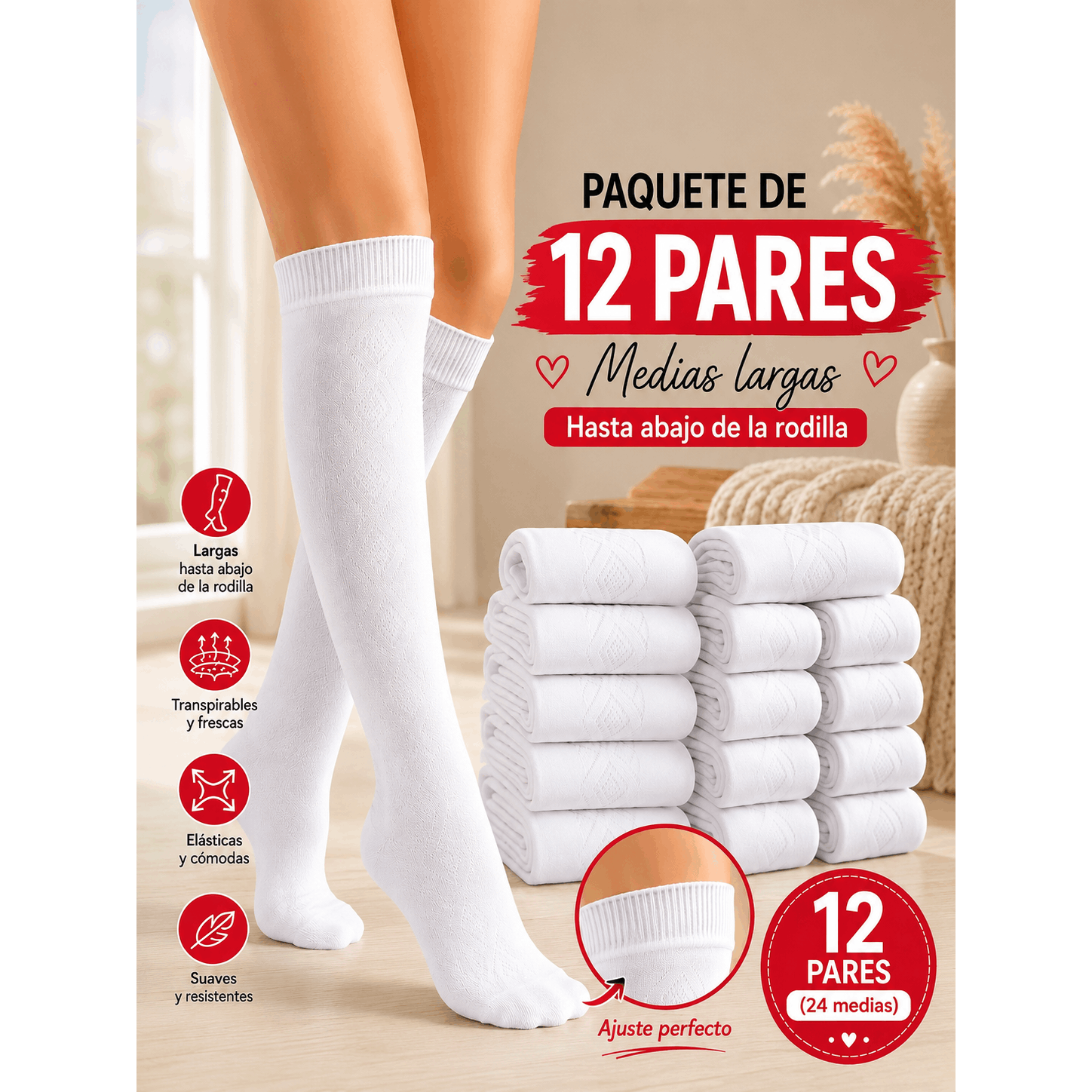 Soft & Cosy Knee High Socks, White, Soft Cotton, , Breathable, 12 Pairs, Size 6-11