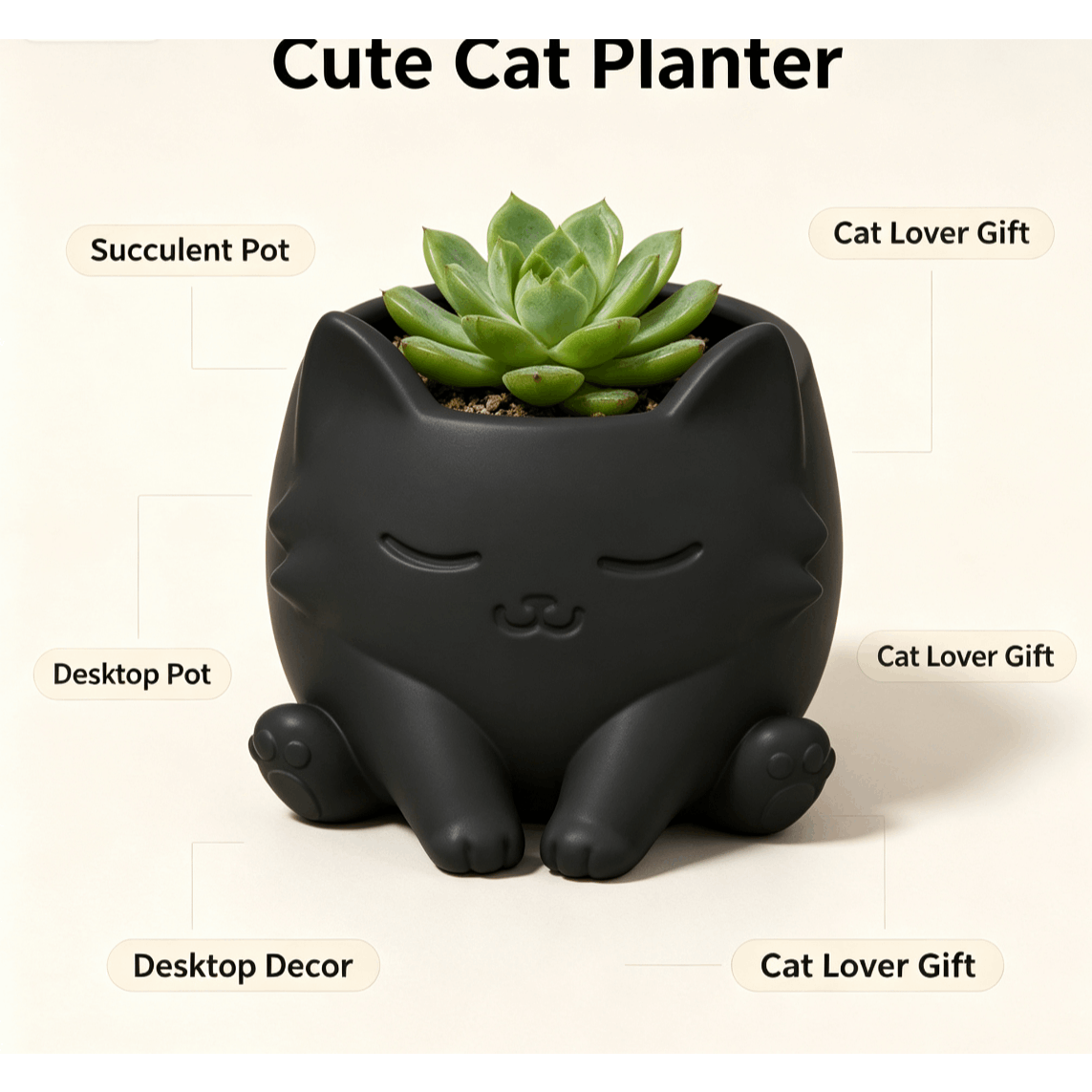 Black cat-shaped planter with closed eyes and a succulent at the top