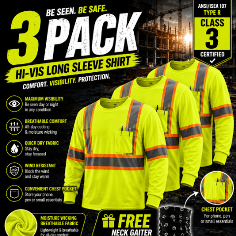 TEMU 3 Pack Ansi Class 3 Hi Vis Construction Shirts, Reflective Long Sleeve Work Shirts With Chest Pocket, Quick Dry +neck Gaiter