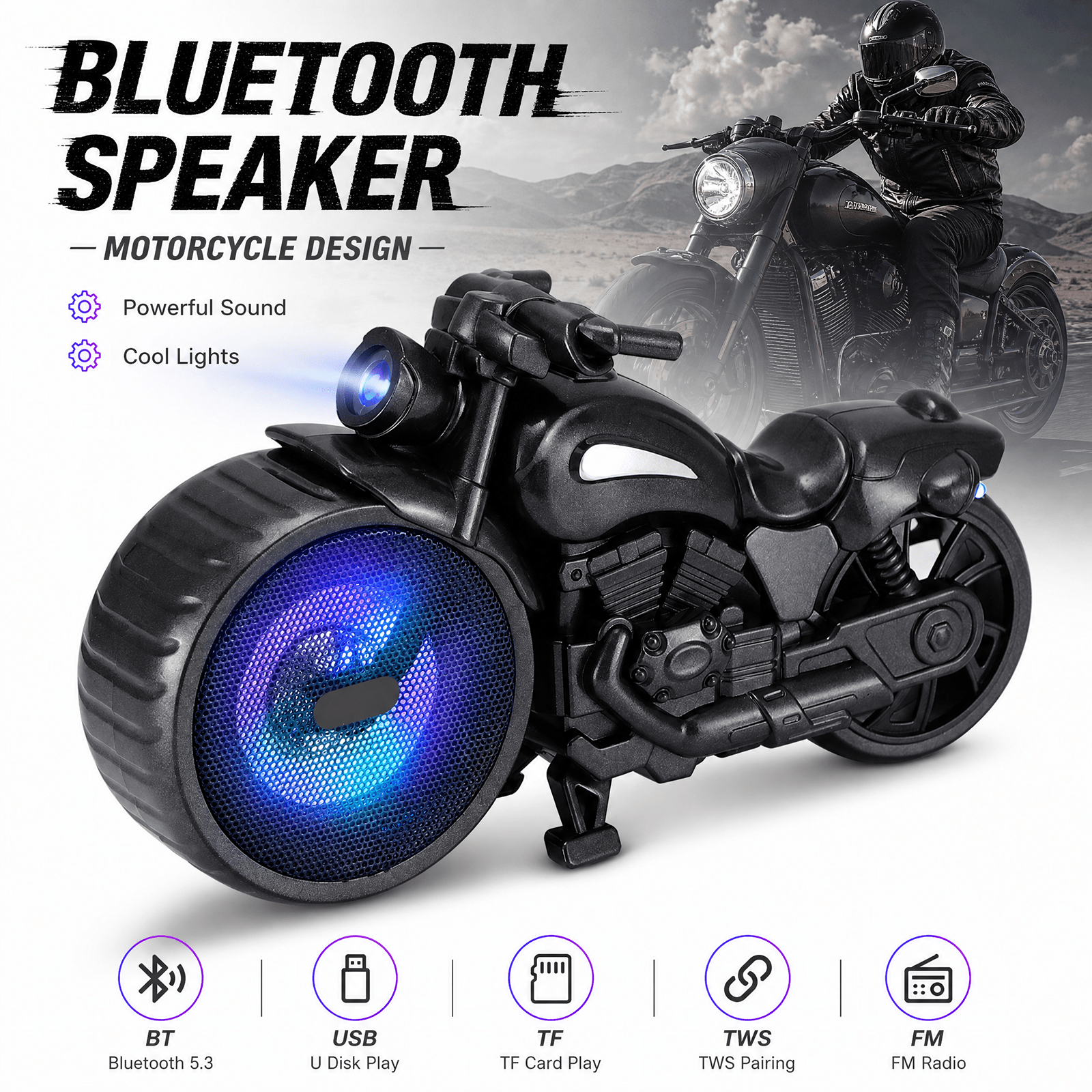 TEMU 10w Bluetooth Speaker With Rgb Led Lights, Tws, Usb/tf/aux/fm Radio, 800mah Battery, Vintage Motorcycle Design For Home Office Outdoor Gift