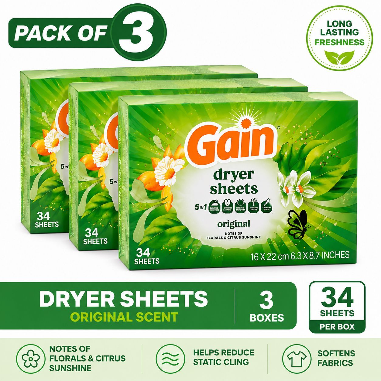 TEMU Dryer Sheets Original Scent, 3-pack, 34 Sheets Per Box, Fabric Softener Sheets, Reduces Static Cling & Long-
