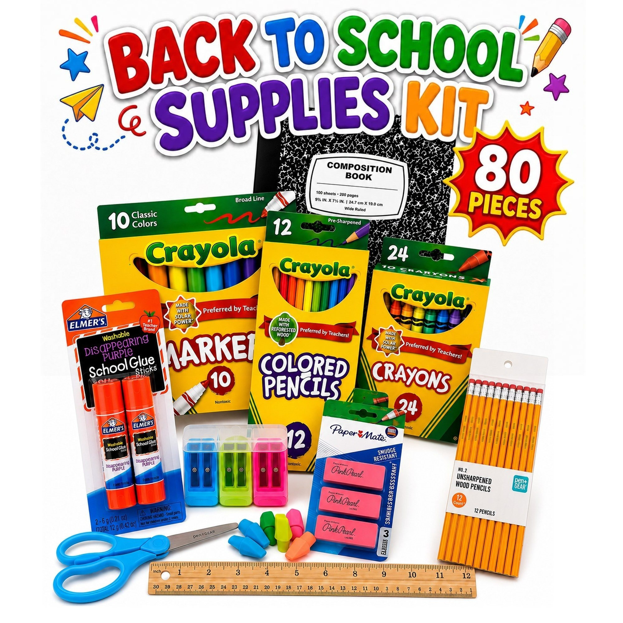 80-piece Back To School Supplies Kit With Composition Book, Spiral Notebook, Crayons, Markers, Colored Pencils, Pencils, Glue Sticks, Scissors, Sharpener & Pencil Erasers