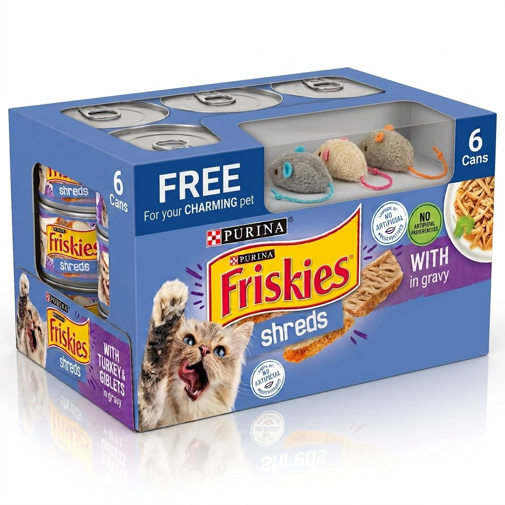 Purina Friskies Wet Cat Food Turkey & Giblets (6 Cans, 5.5 Oz) With Critters Catnip Mice Toys (3 Count)