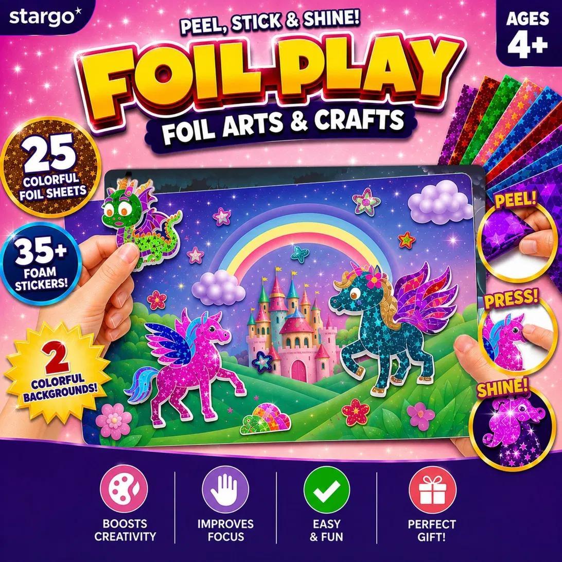Foil-play Unicorn Art Kit - 2 Scenes, 25 Foil Sheets, 35+ 3d Stickers, No Mess Craft Gift, Ages 4+