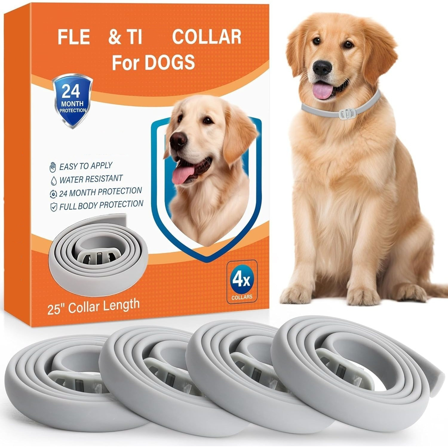 4pack Collar For Dog - 25inch Adjustable Fits All Dogs, Long-lasting 24 Months Protection For Extra Large, Medium, Small Dogs