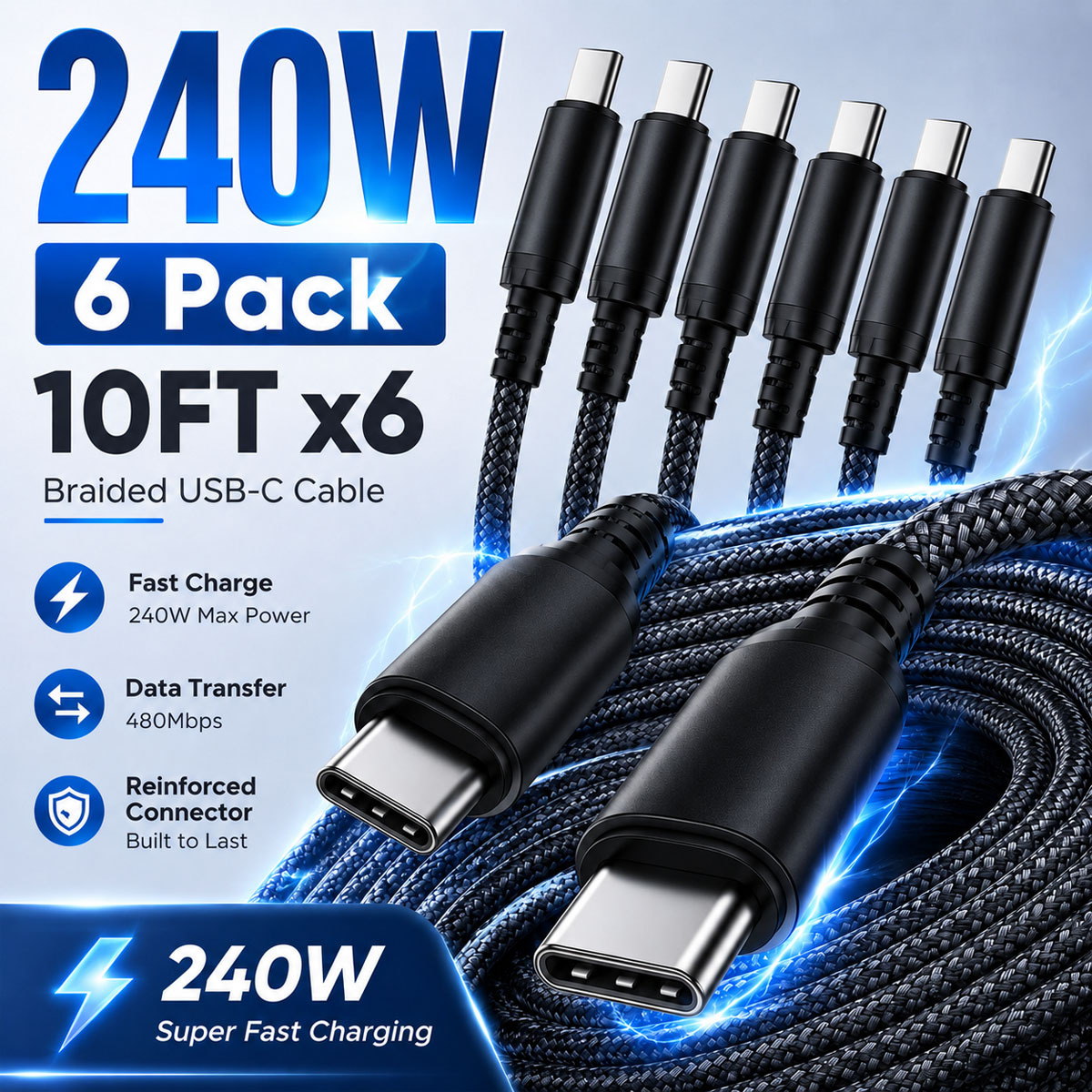 240w 6 pack usb c fast charging cable 6 pack 3 3 feet 6 pack 6 6 feet type c to type c fast charging cable compatible with macbook ipad iphone 17 16 15   max data and charging cable c to c fast charging cable compatible with dell