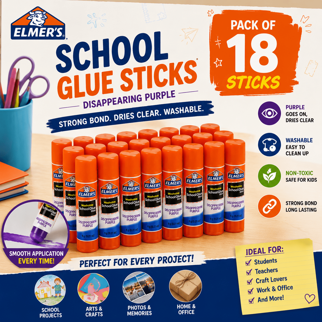 TEMU (18 Pack)'s Washable Purple Glue Sticks, Dries Clear, Non-toxic School & Craft Glue, Strong Adhesive, 18 Pack