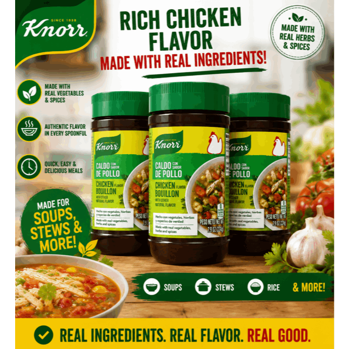 TEMU Knorr Chicken Bouillon Powder, Cholesterol Free, 7.9 Oz Jar, Pack Of 3