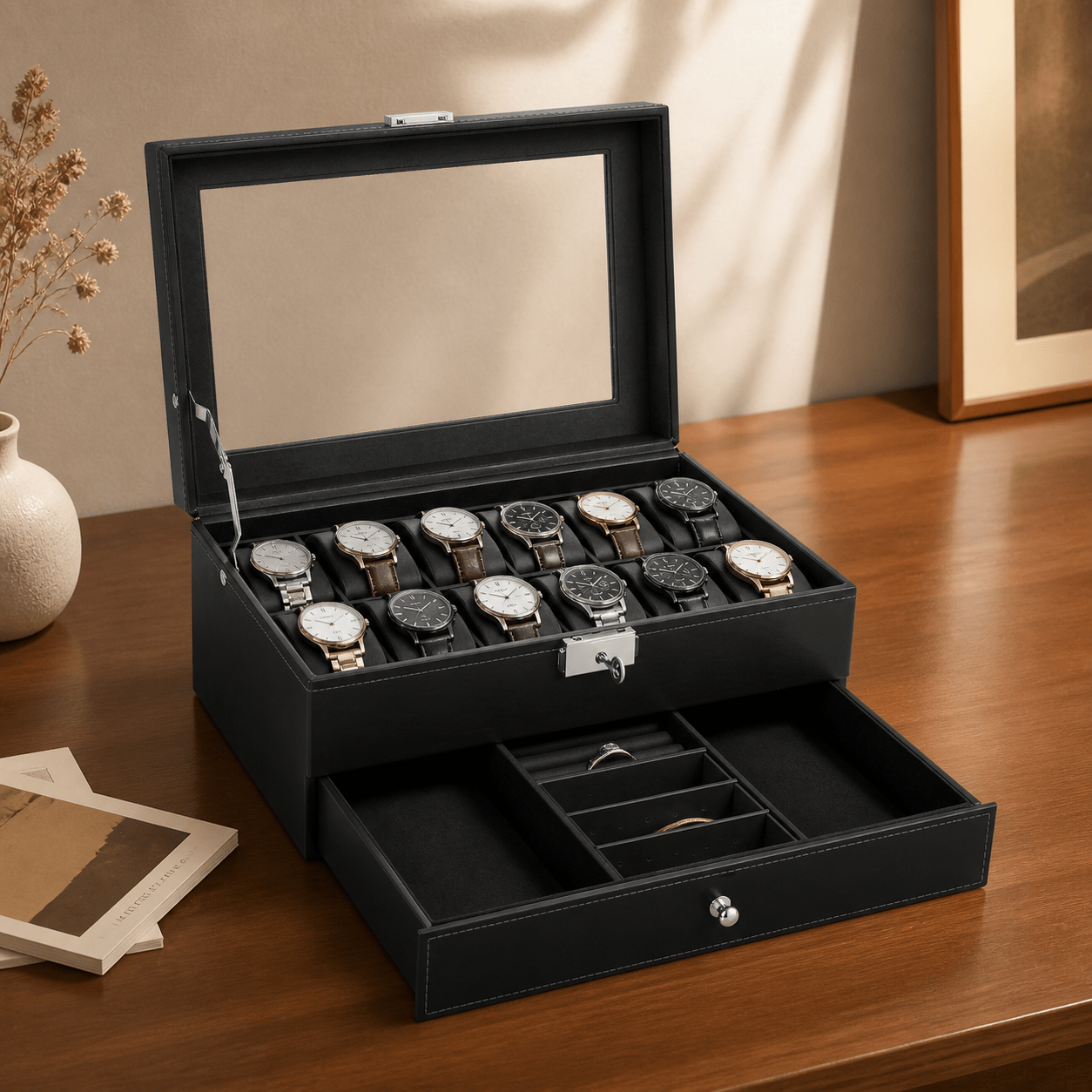 TEMU 12 Slots Pu Leather Watch Storage Organizer, 2-layers Watch Display Box With Jewelry Drawer, Removable Watch Pillows & Metal Clasp, Watch