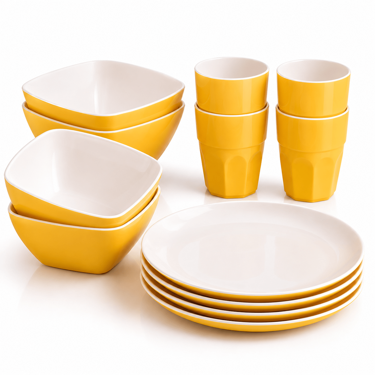 TEMU 12-piece Plastic Dinnerware Set – Service For 4 | Bpa Free | Microwave & Dishwasher Safe | Yellow, Ideal For Kids