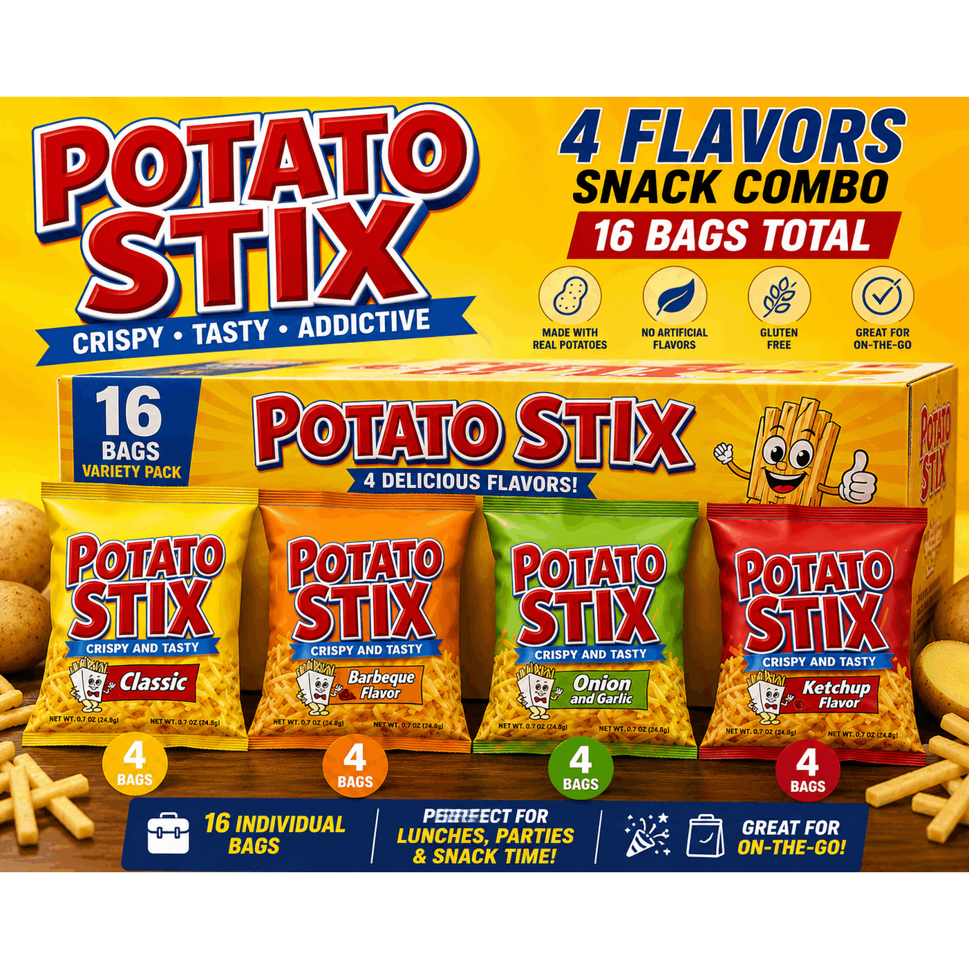 TEMU Potato Stix Variety Pack – 16 Individual Snack Bags, 4 Delicious Flavors, Crispy Potato Stick Snacks For Lunches, Parties, Travel & Everyday