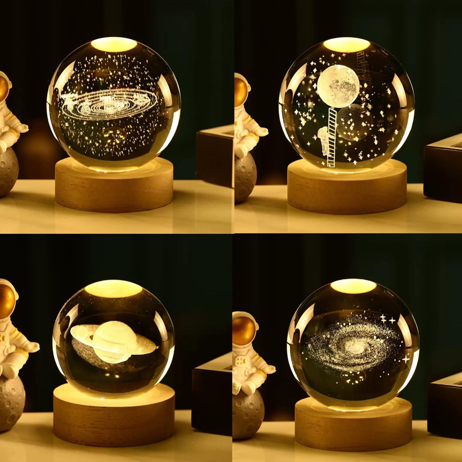 TEMU 4 Crystal Ball - " Laser Engraved Solar System, Saturn, Astronaut Moon, , On Wood Base, Inner Carved Glass Sphere For Desk Home Decor