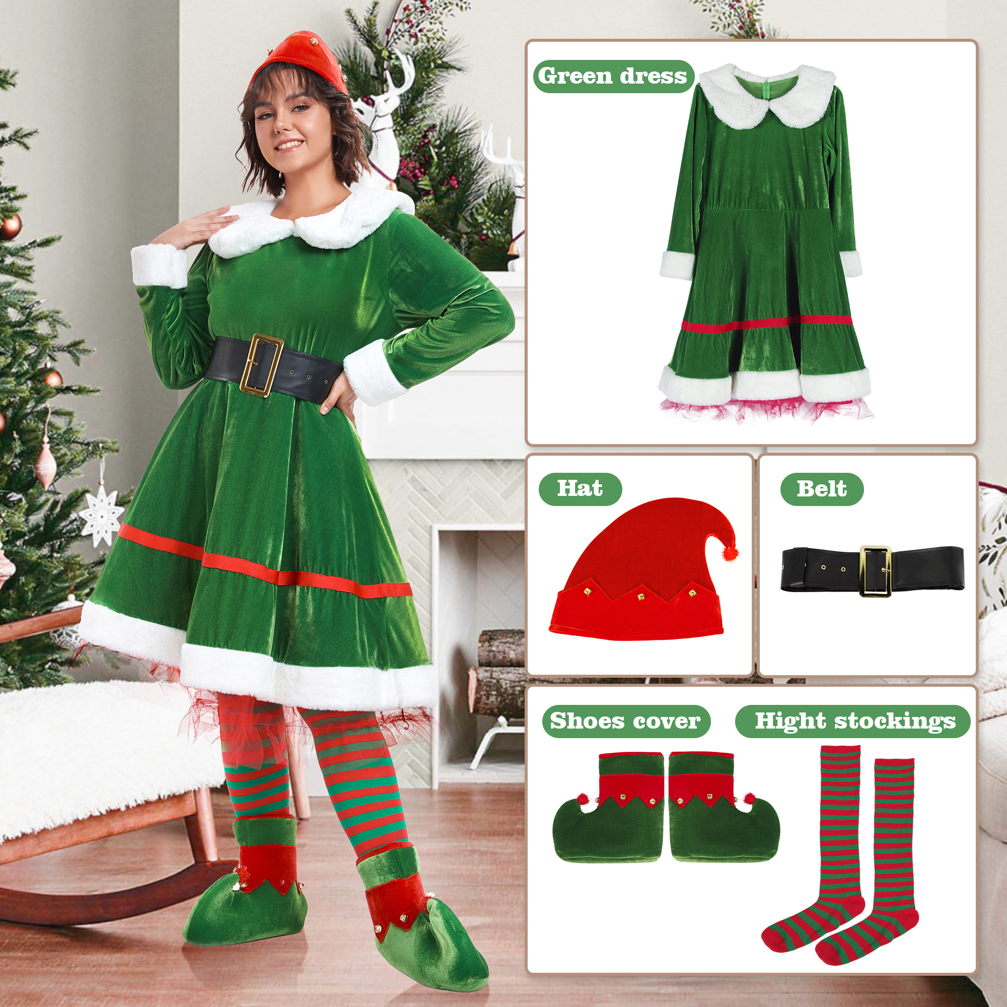 women christmas elf costume set adult 5pcs velvet dress - Temu