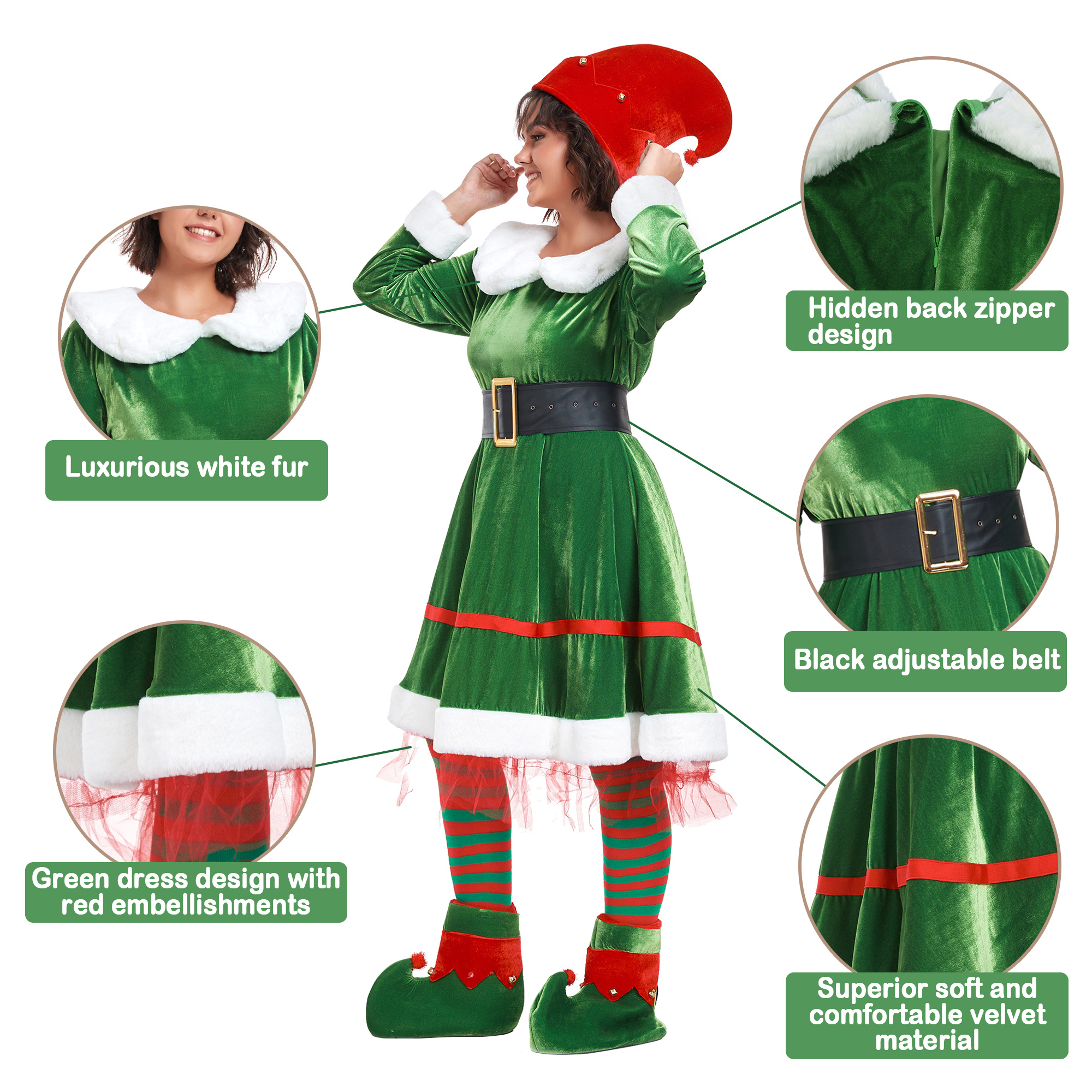 women christmas elf costume set adult 5pcs velvet dress - Temu