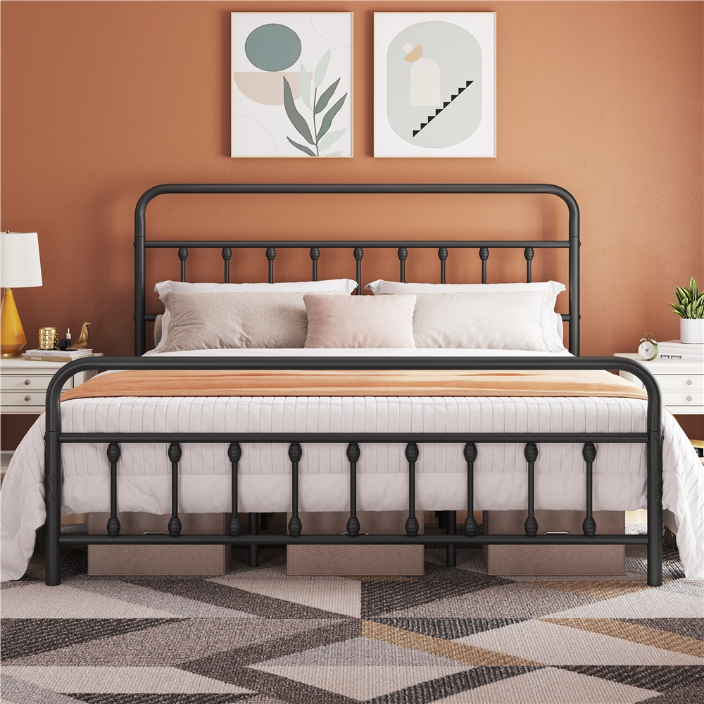 TEMU Full/queen/king Size Iron Platform Bed, Classic Bed Frame With High Headboard & Footboard, Sturdy Metal Frame, Storage Option & Vintage Finish,