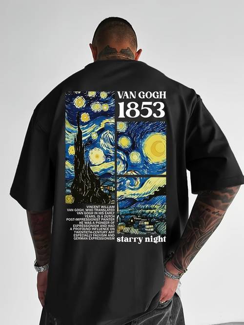 mens casual t shirt with fashionable starry night van and 1853 print comfortable breathable stretch fabric for home outdoor sports spring summer washable short sleeve crew neck