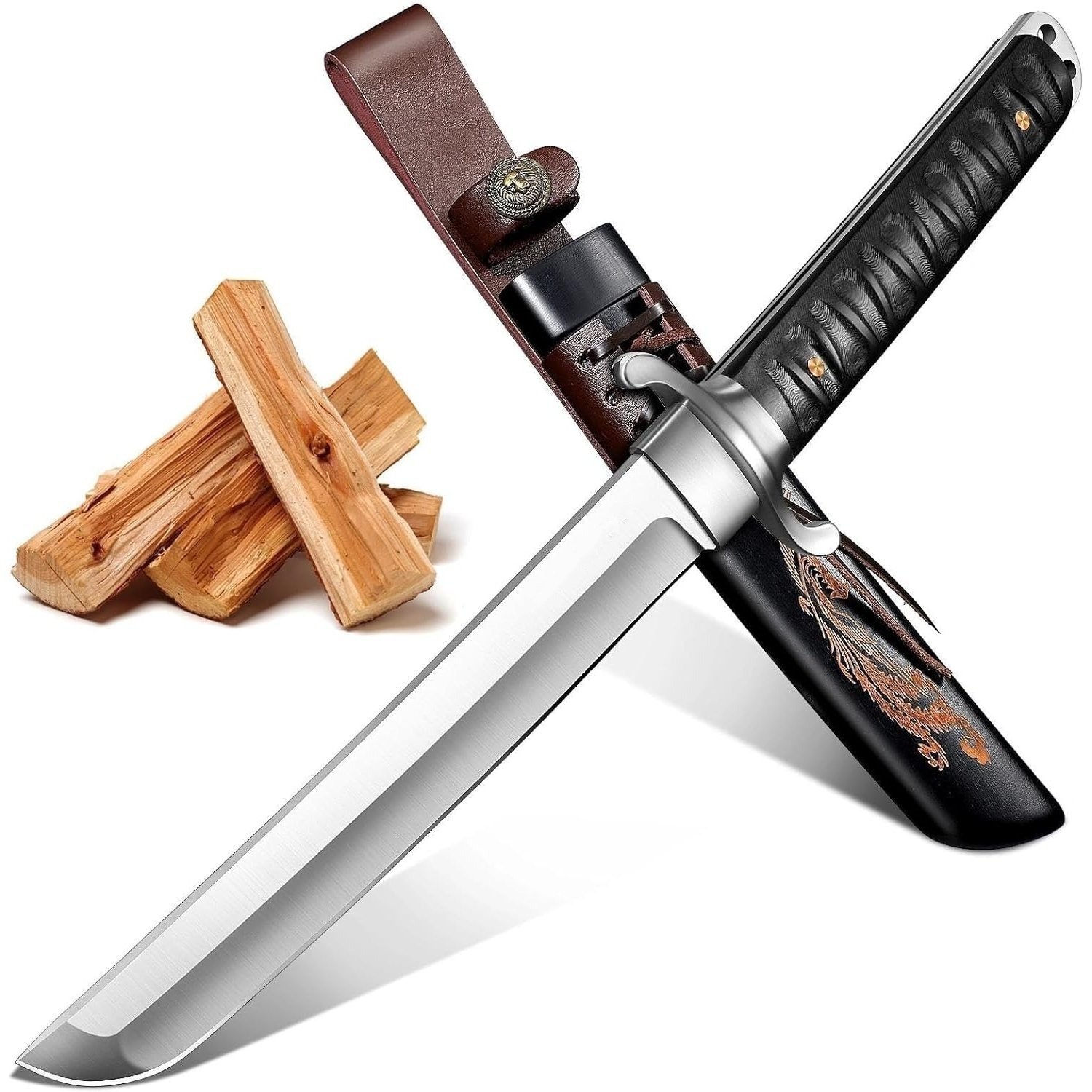 TEMU Fixed Blade Knife, Knife With Phoenix Carved Sheath, Knives For Camping Outdoor, Collection For Men Christmas, Halloween And Thanksgiving Holiday Gifts