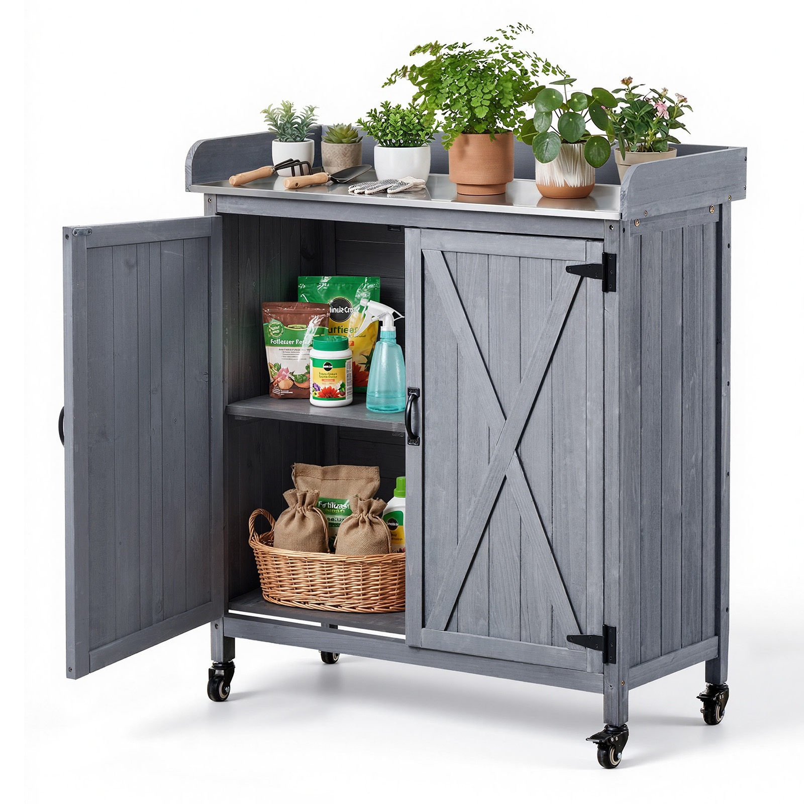   potting bench table outdoor gardening wooden storage cabinet with 36 x 16 in galvanized iron tabletop garden planting workstation with large storage   casters for patio backyard gray