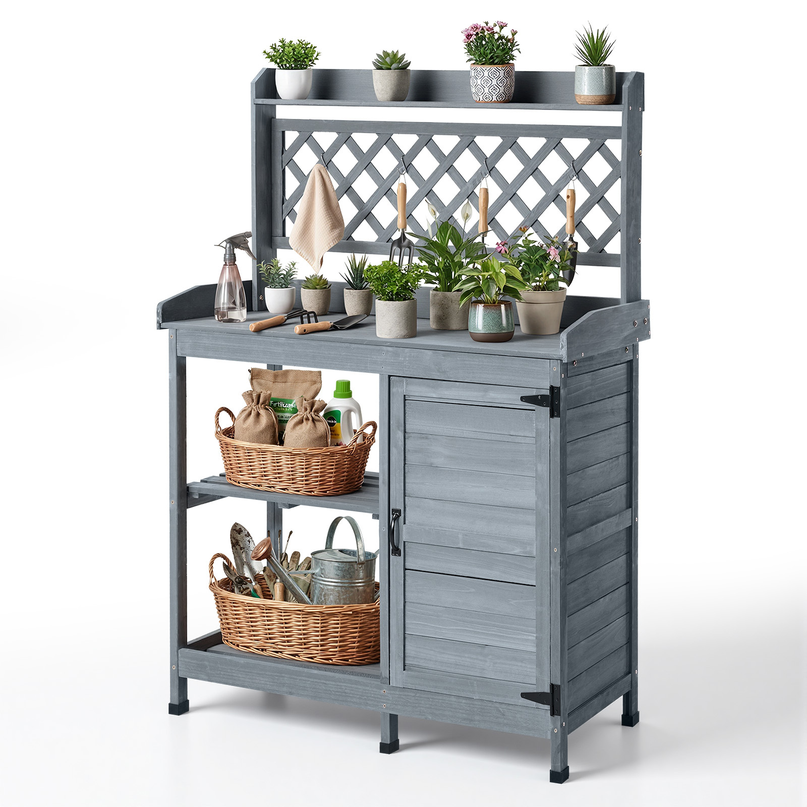   potting bench table outdoor gardening wooden workstation with storage cabinet storage shelves 43 x 18 in wood tabletop garden planting   for patio backyard balcony gray