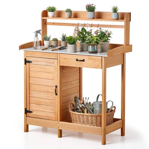 potting bench in 1 outdoor gardening wooden workstation with 44 x 19 in galvanized iron tabletop garden with drawer storage cabinet shelves hooks for patio backyard