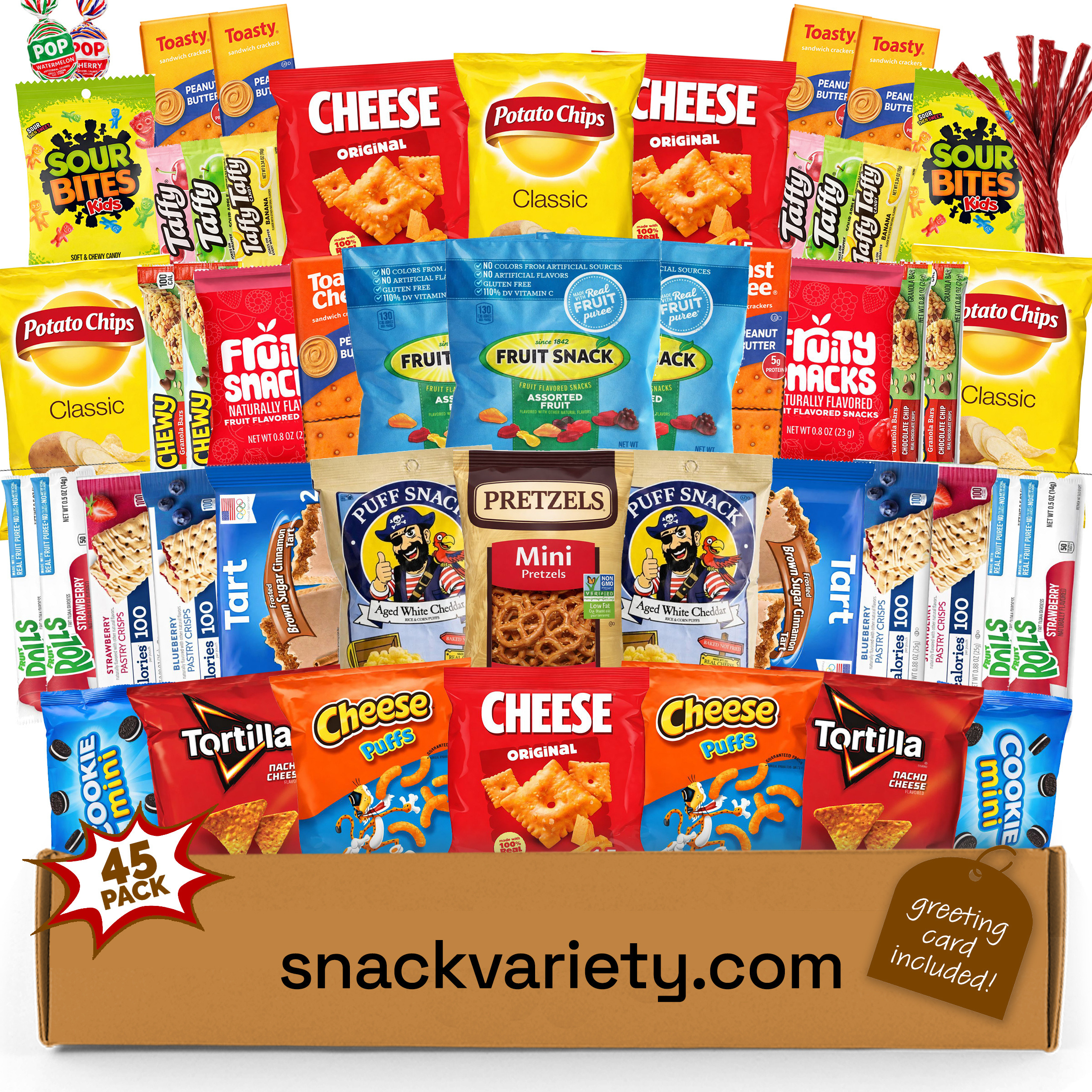 Snack Box Variety Pack (45 Count) Snacks And Candy Gift Basket - College Student Care Package, Food Arrangement Chips,